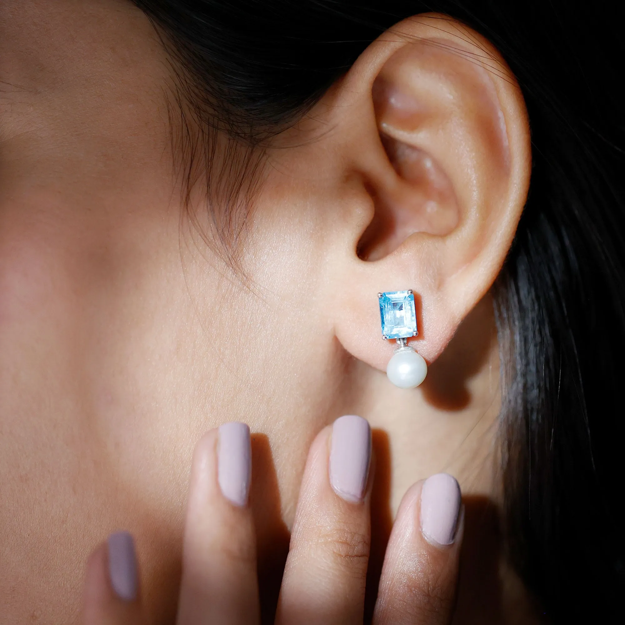Emerald Cut Swiss Blue Topaz and Freshwater Pearl Drop Earrings