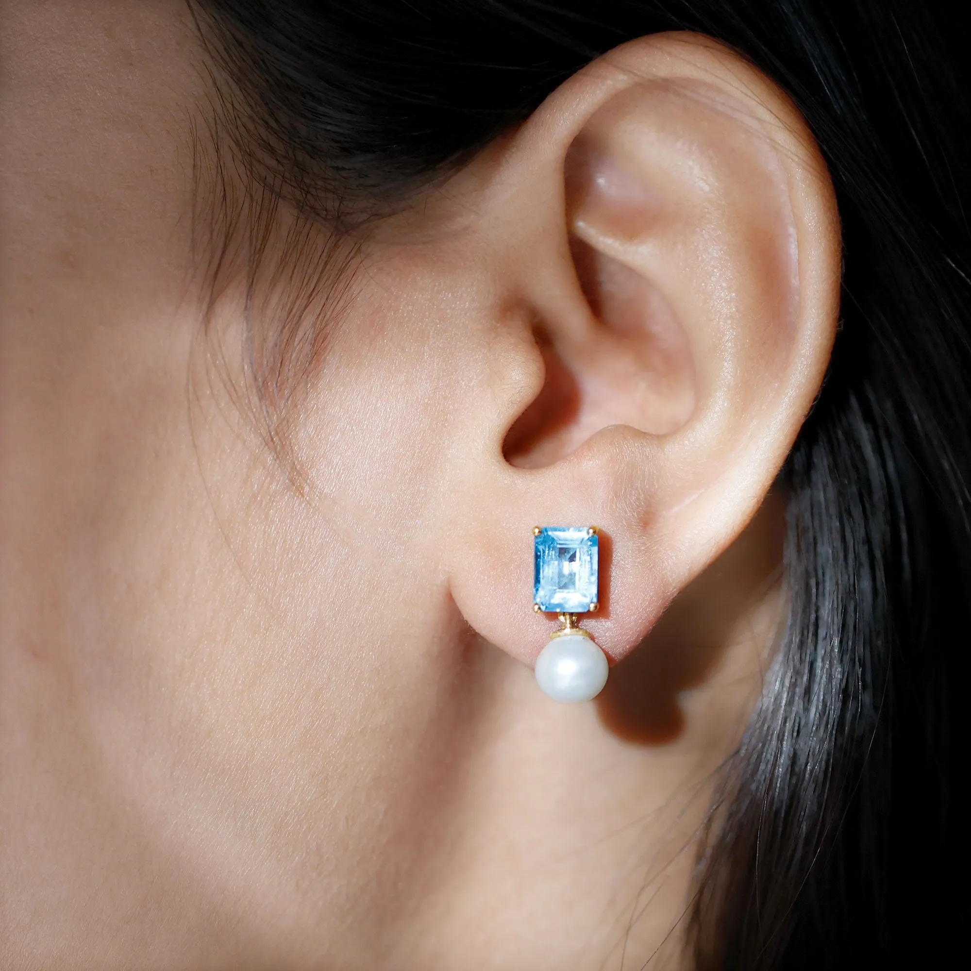 Emerald Cut Swiss Blue Topaz and Freshwater Pearl Drop Earrings