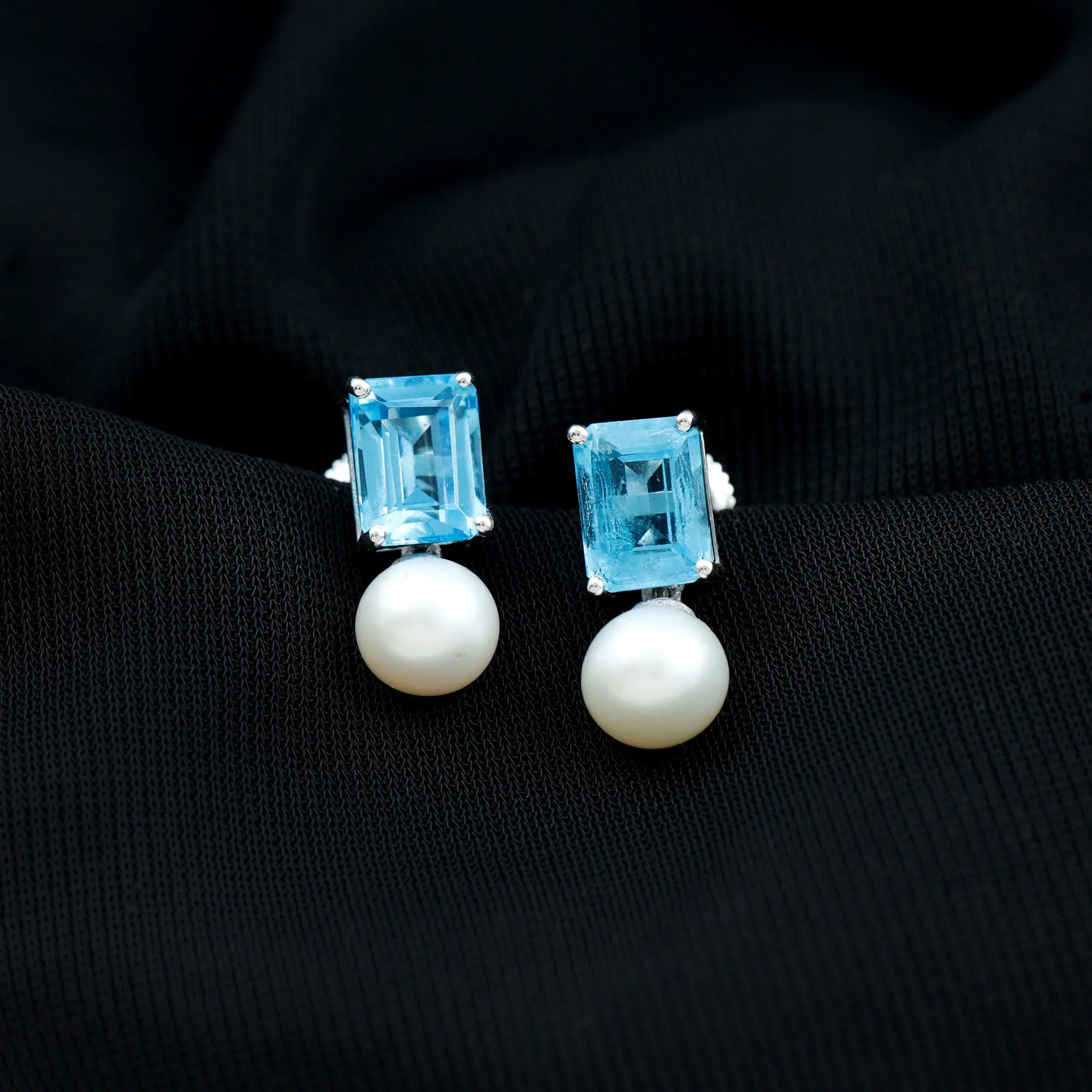 Emerald Cut Swiss Blue Topaz and Freshwater Pearl Drop Earrings