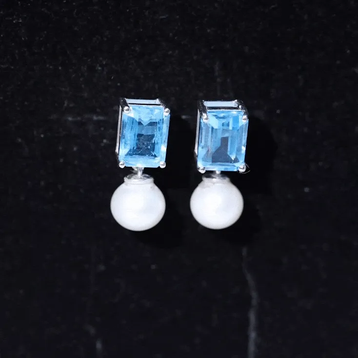 Emerald Cut Swiss Blue Topaz and Freshwater Pearl Drop Earrings
