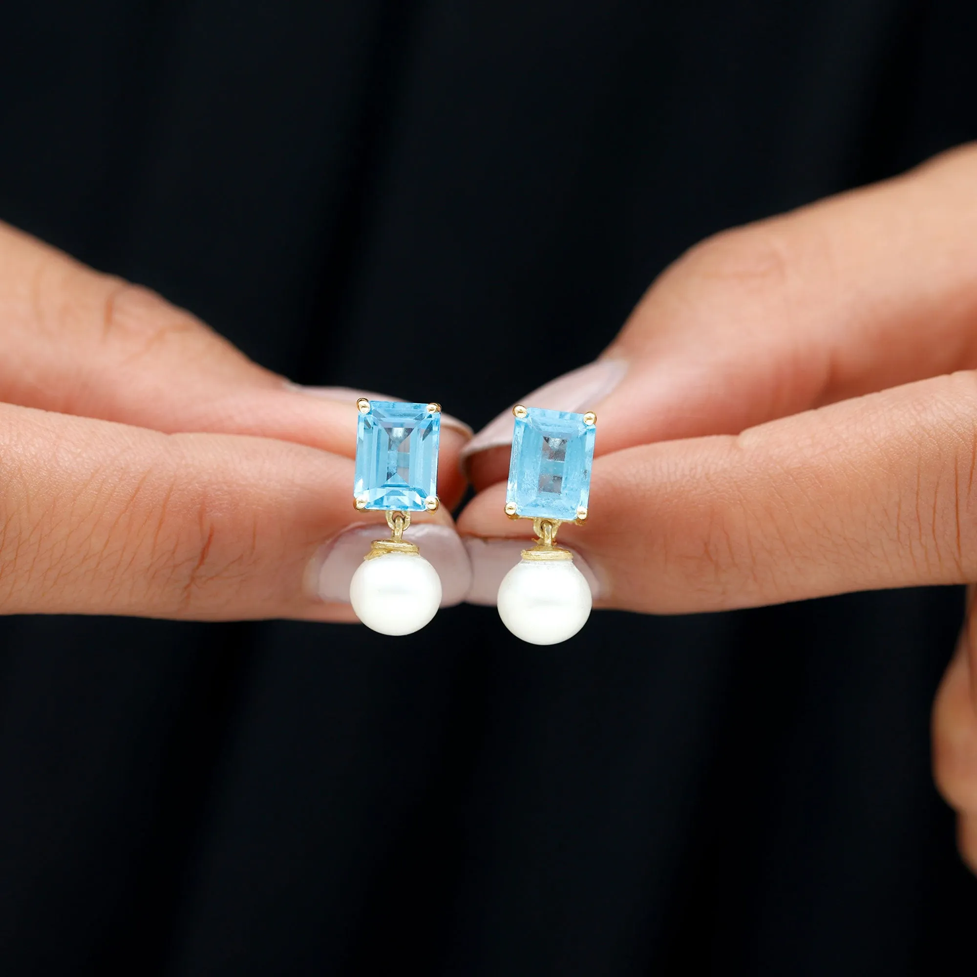 Emerald Cut Swiss Blue Topaz and Freshwater Pearl Drop Earrings