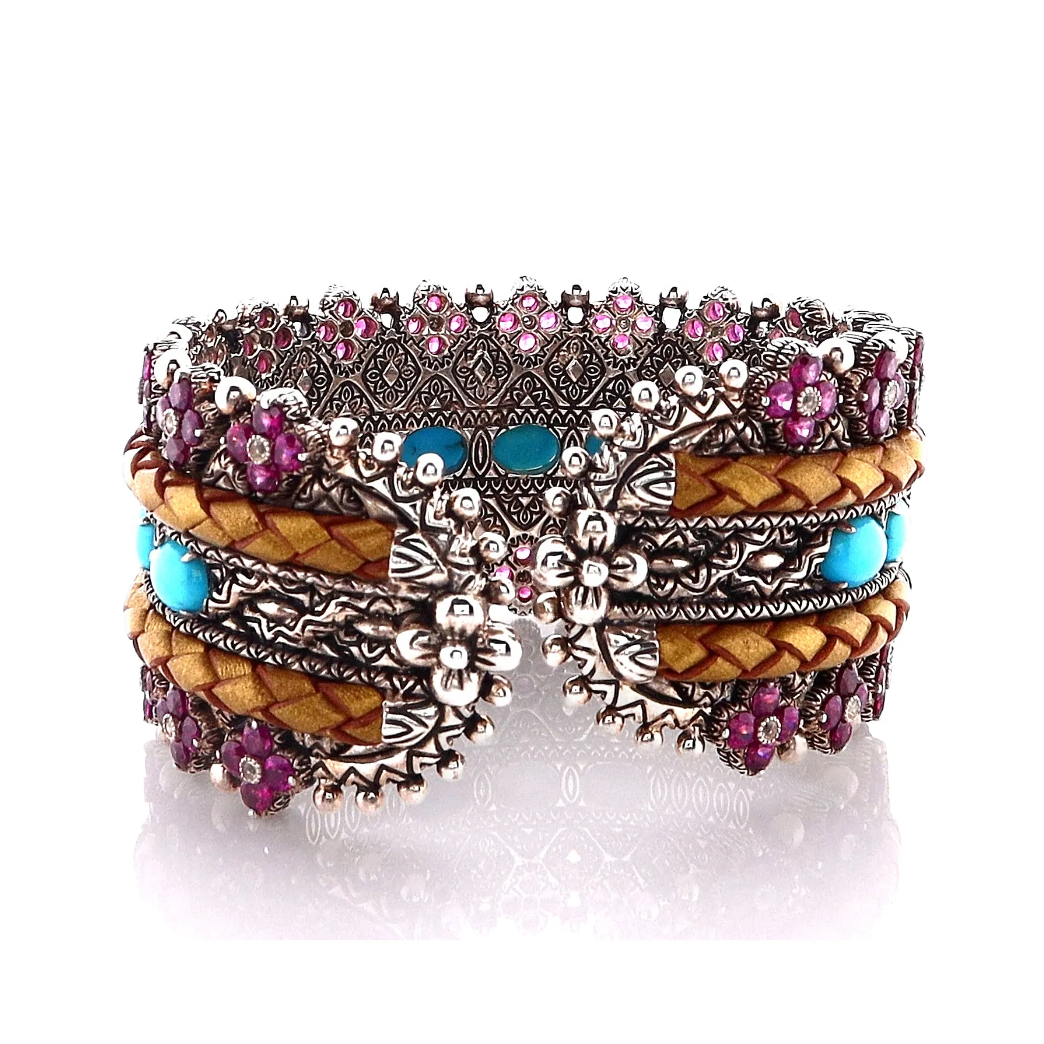 Estate Bixby Two Tone with Leather Braid Multi-Stone Cuff Bracelet