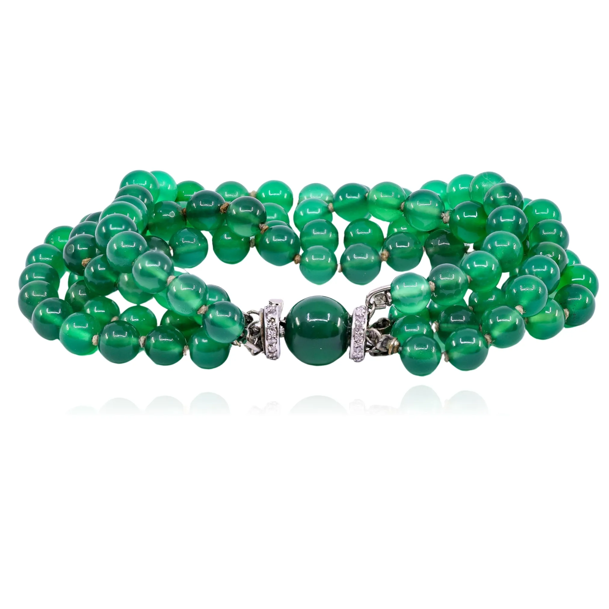 ESTATE MULTI STRAND 14K WHITE GOLD GREEN CHALCEDONY BEAD BRACELET