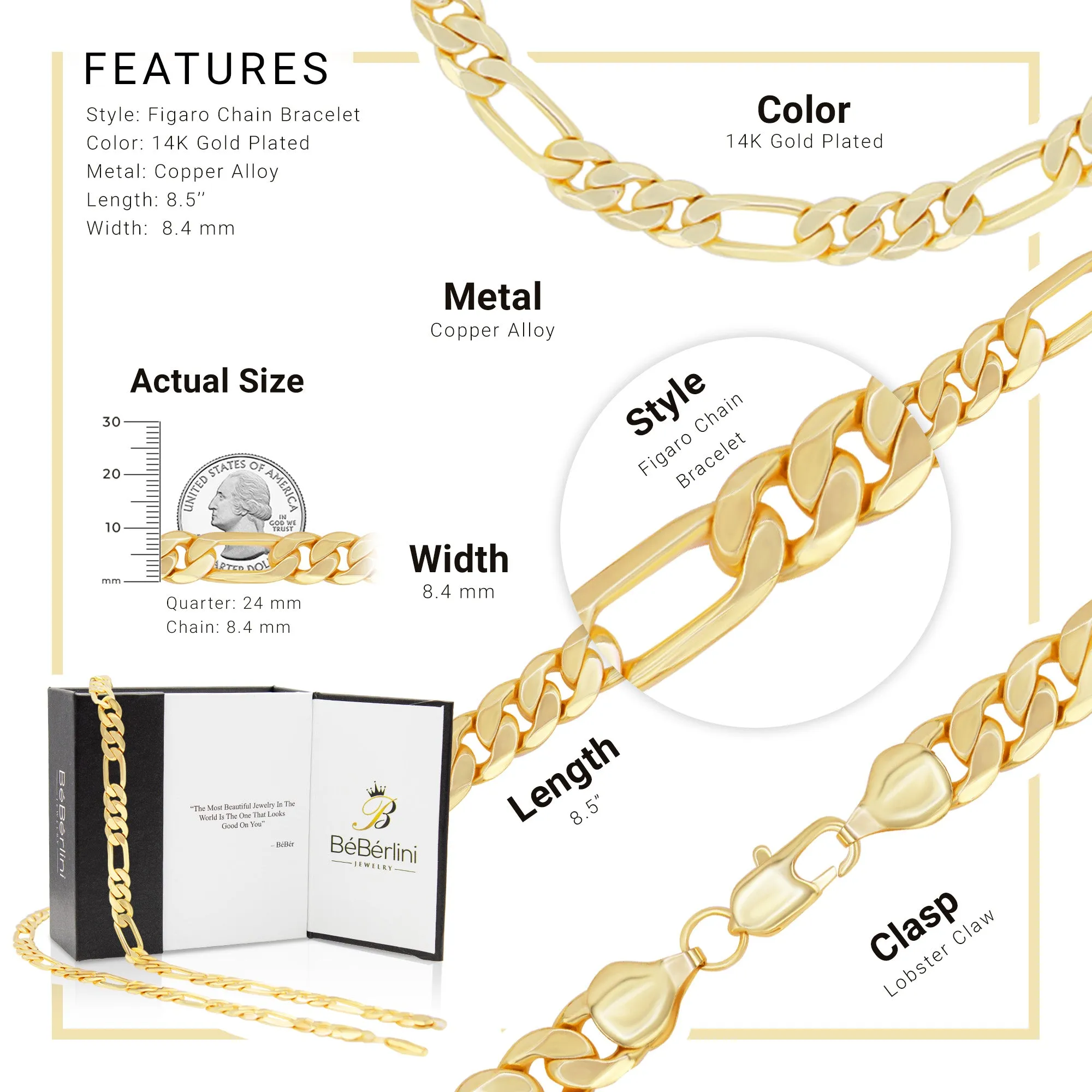 Figaro Chain 14K Gold Filled Bracelet 8.5" Lobster Claw Clasp Jewelry Men 8.4 mm