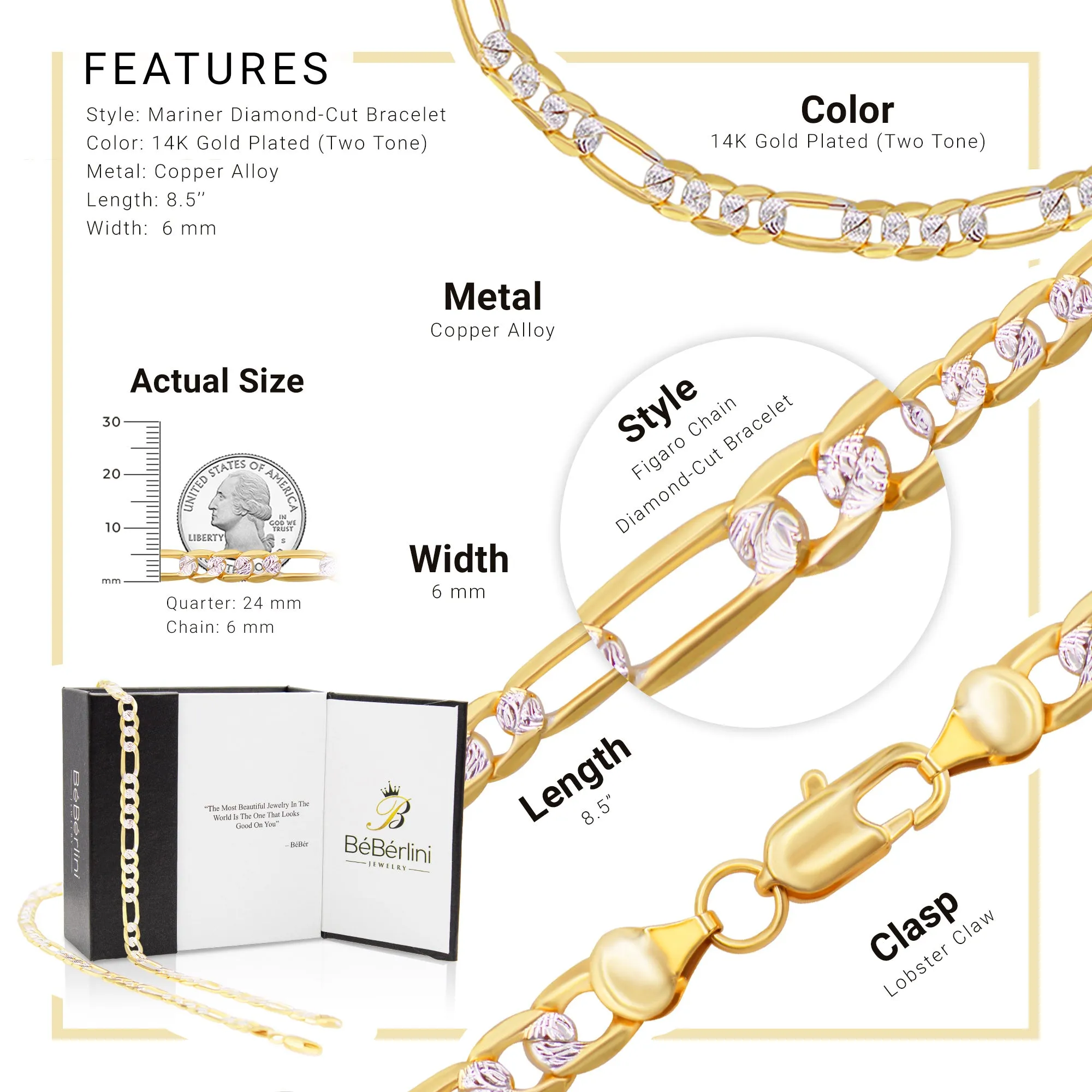 Figaro Diamond Cut Chain 14K Gold Filled Bracelet 8.5" Lobster Claw Clasp Jewelry 6 mm