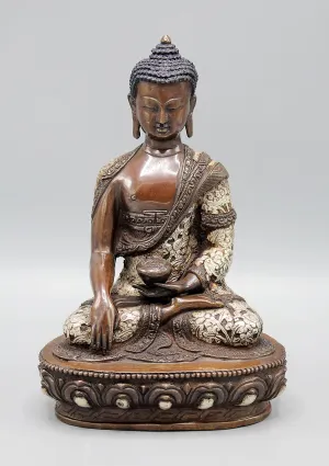 Flower Carving Copper Oxidized Shakyamuni Buddha Silver Inlaid Statue