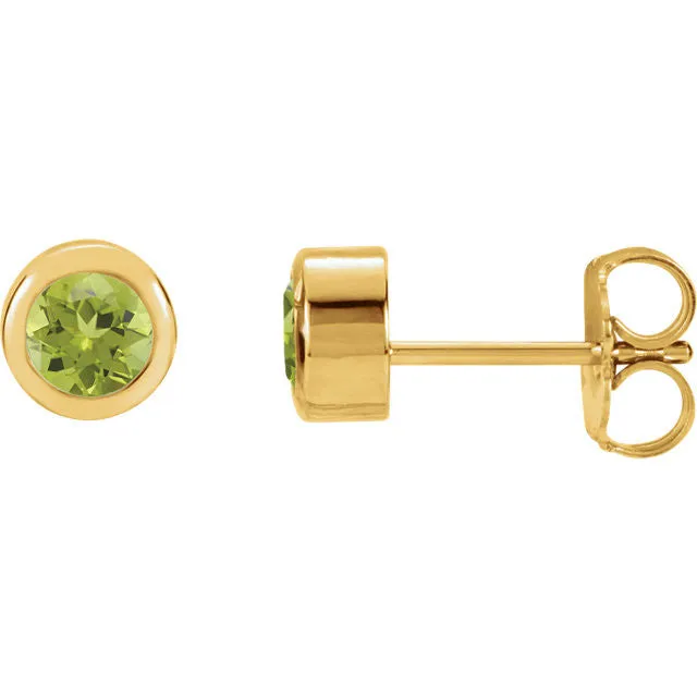 Genuine Peridot 4mm Round Bezel Set Earrings - 14k White or Yellow Gold