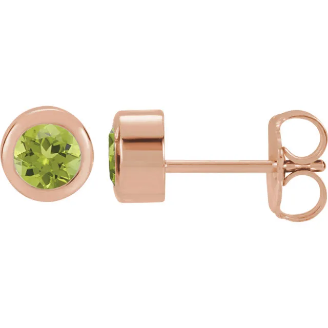 Genuine Peridot 4mm Round Bezel Set Earrings - 14k White or Yellow Gold