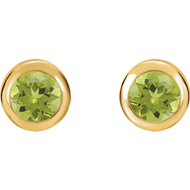 Genuine Peridot 4mm Round Bezel Set Earrings - 14k White or Yellow Gold