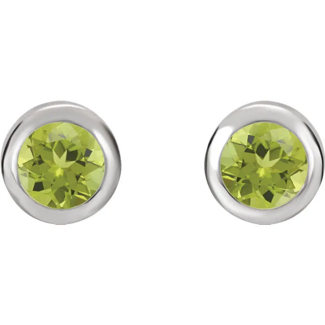 Genuine Peridot 4mm Round Bezel Set Earrings - 14k White or Yellow Gold