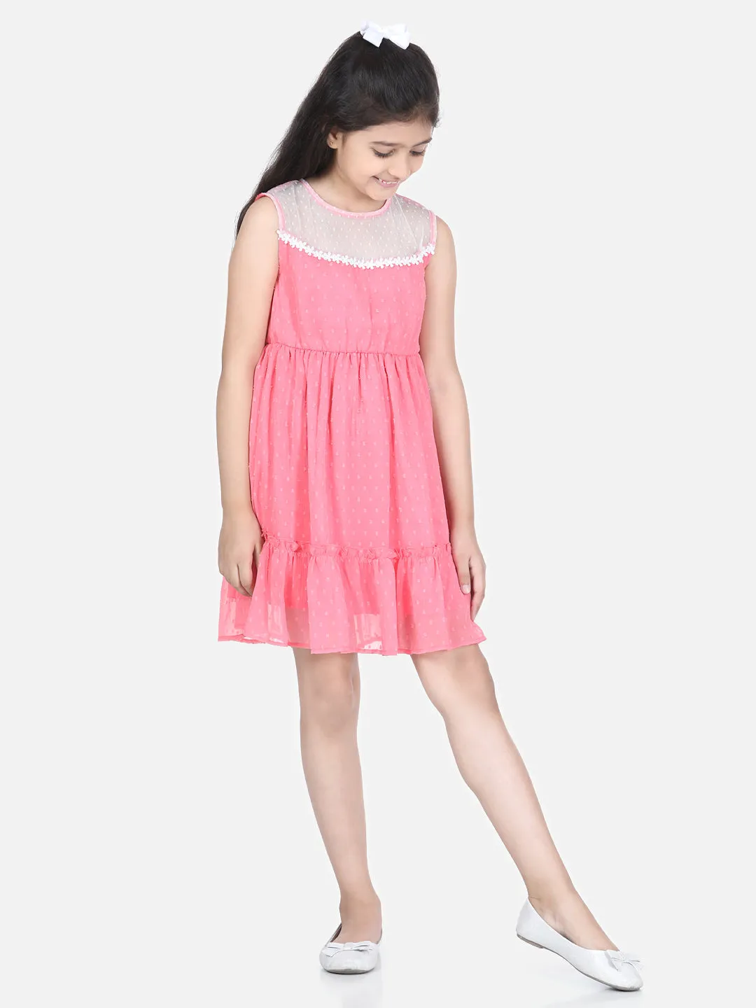 Girl's  Coral Pink Polyester Self Design Dress With Net And Lace Inserts - StyleStone Kid