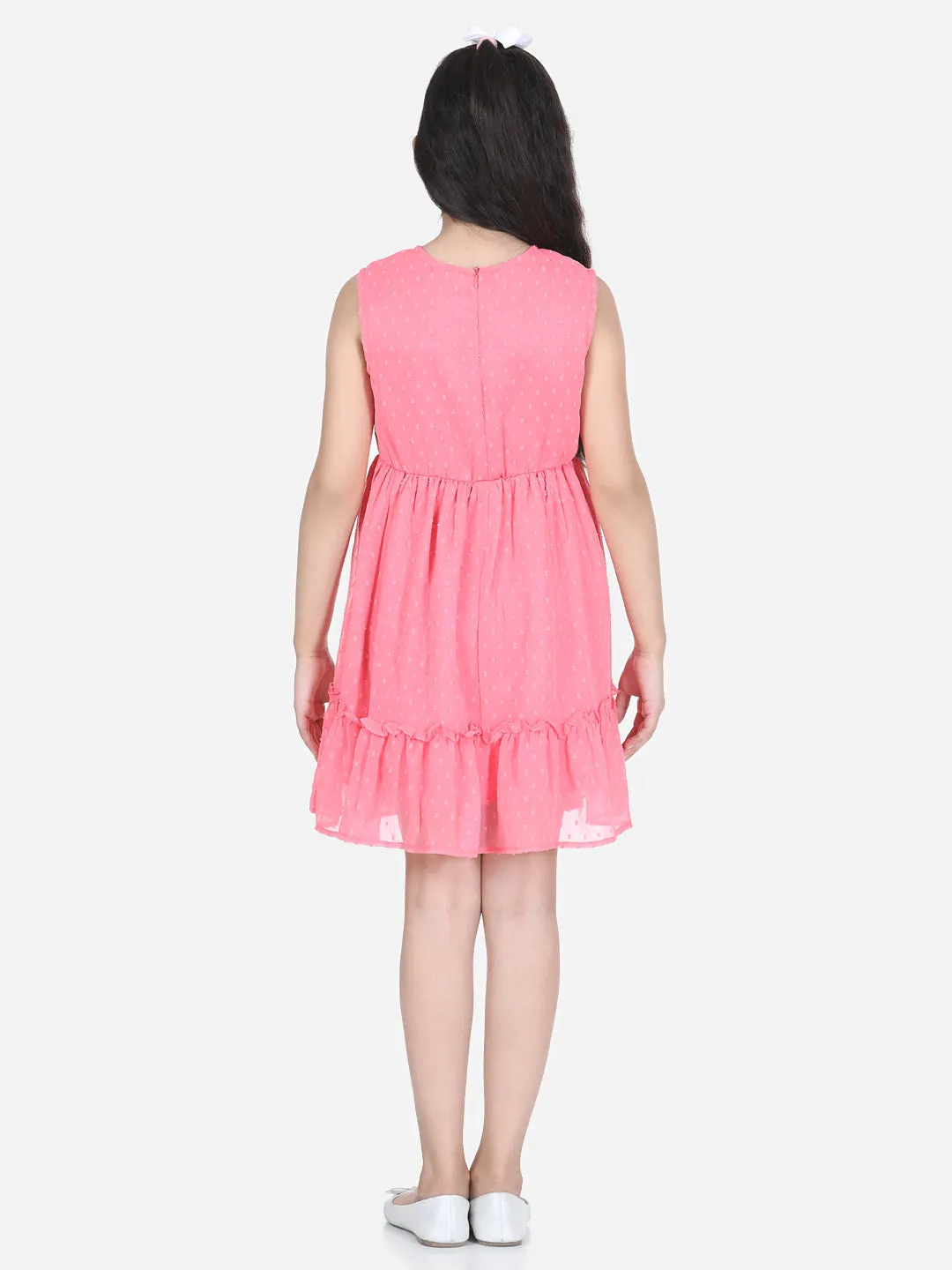 Girl's  Coral Pink Polyester Self Design Dress With Net And Lace Inserts - StyleStone Kid