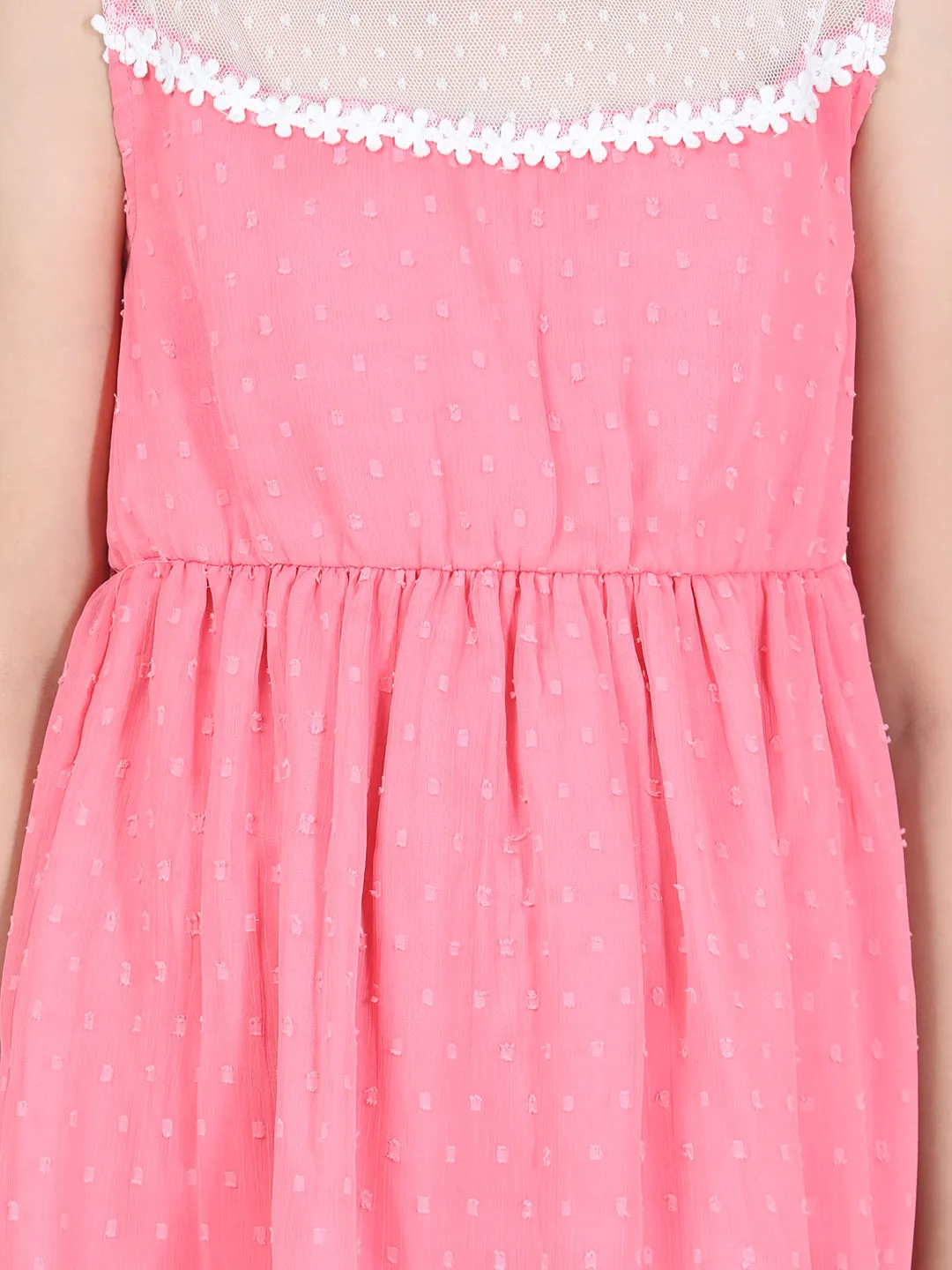 Girl's  Coral Pink Polyester Self Design Dress With Net And Lace Inserts - StyleStone Kid
