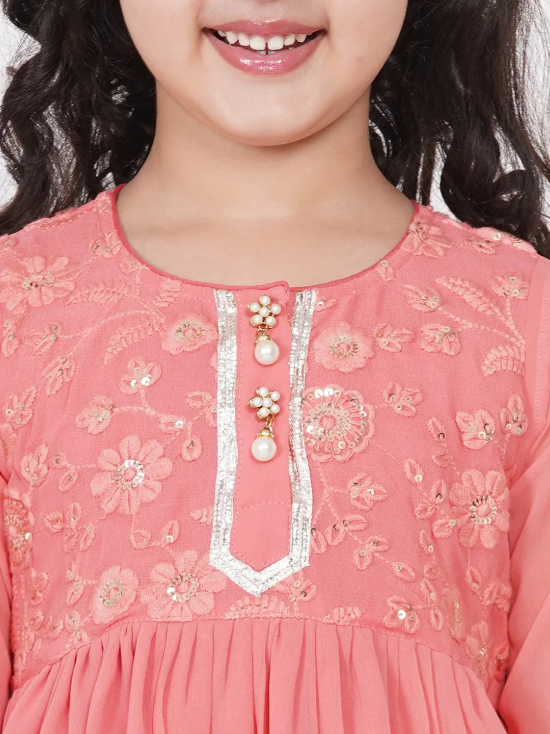 Girl's Jaipuri Lacework And Gotta Patti Work Kurta Frock With Sharara And Dupatta - Coral - Little Bansi Girls