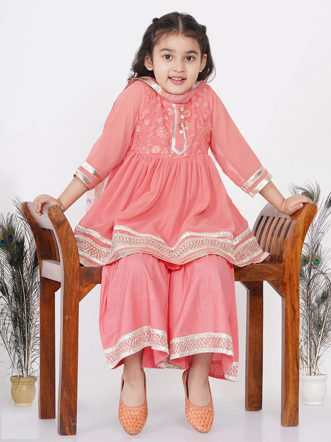 Girl's Jaipuri Lacework And Gotta Patti Work Kurta Frock With Sharara And Dupatta - Coral - Little Bansi Girls
