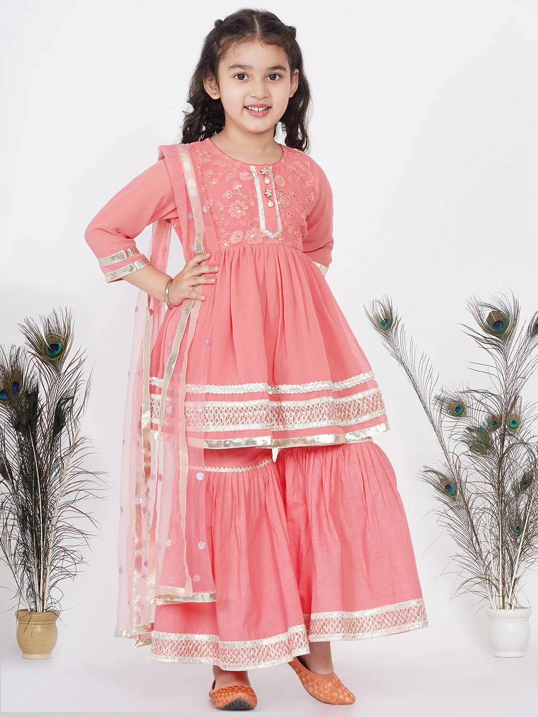 Girl's Jaipuri Lacework And Gotta Patti Work Kurta Frock With Sharara And Dupatta - Coral - Little Bansi Girls