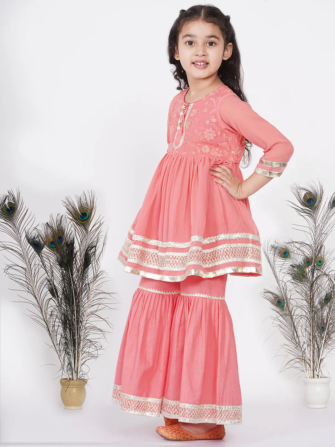 Girl's Jaipuri Lacework And Gotta Patti Work Kurta Frock With Sharara And Dupatta - Coral - Little Bansi Girls