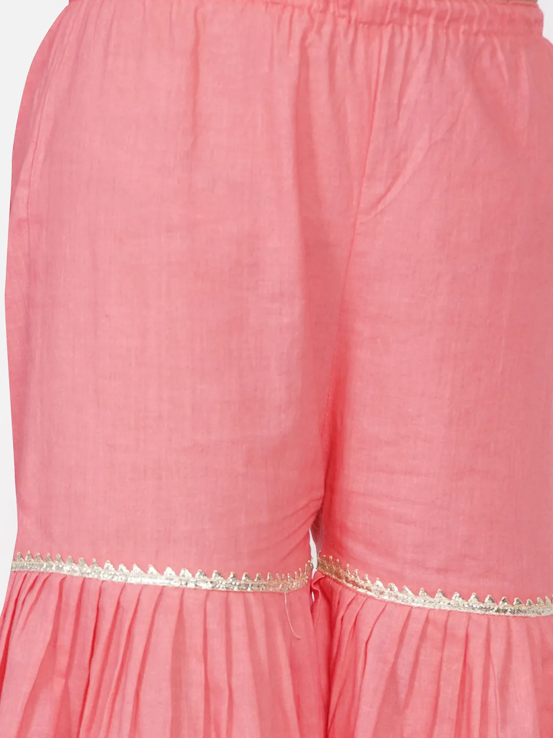 Girl's Jaipuri Lacework And Gotta Patti Work Kurta Frock With Sharara And Dupatta - Coral - Little Bansi Girls