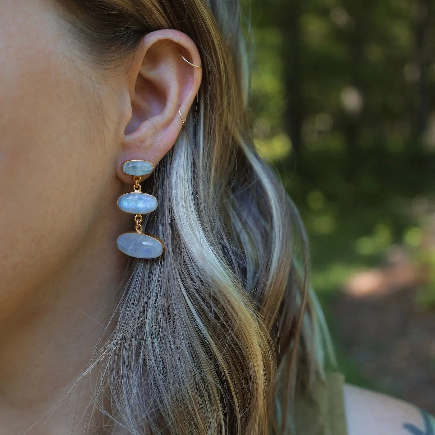 Gold Large Triple Oval Cabochon Rainbow Moonstone Earrings