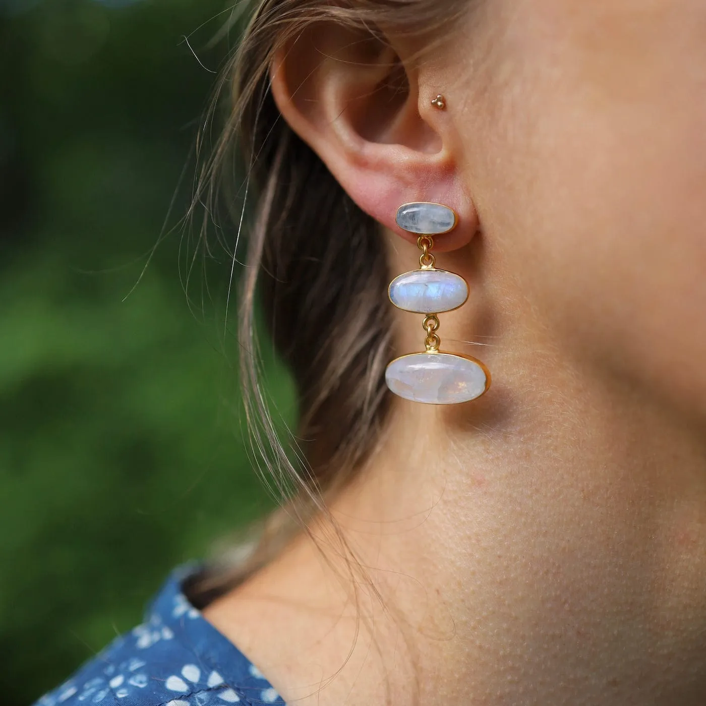 Gold Large Triple Oval Cabochon Rainbow Moonstone Earrings