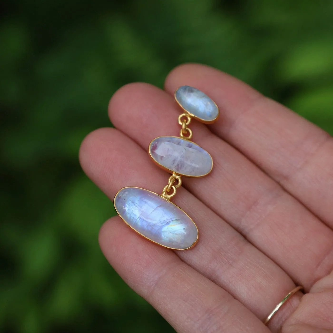 Gold Large Triple Oval Cabochon Rainbow Moonstone Earrings