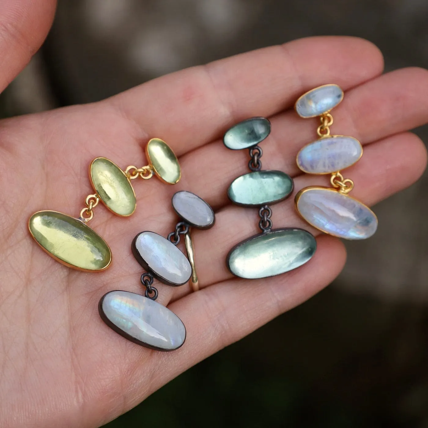 Gold Large Triple Oval Cabochon Rainbow Moonstone Earrings