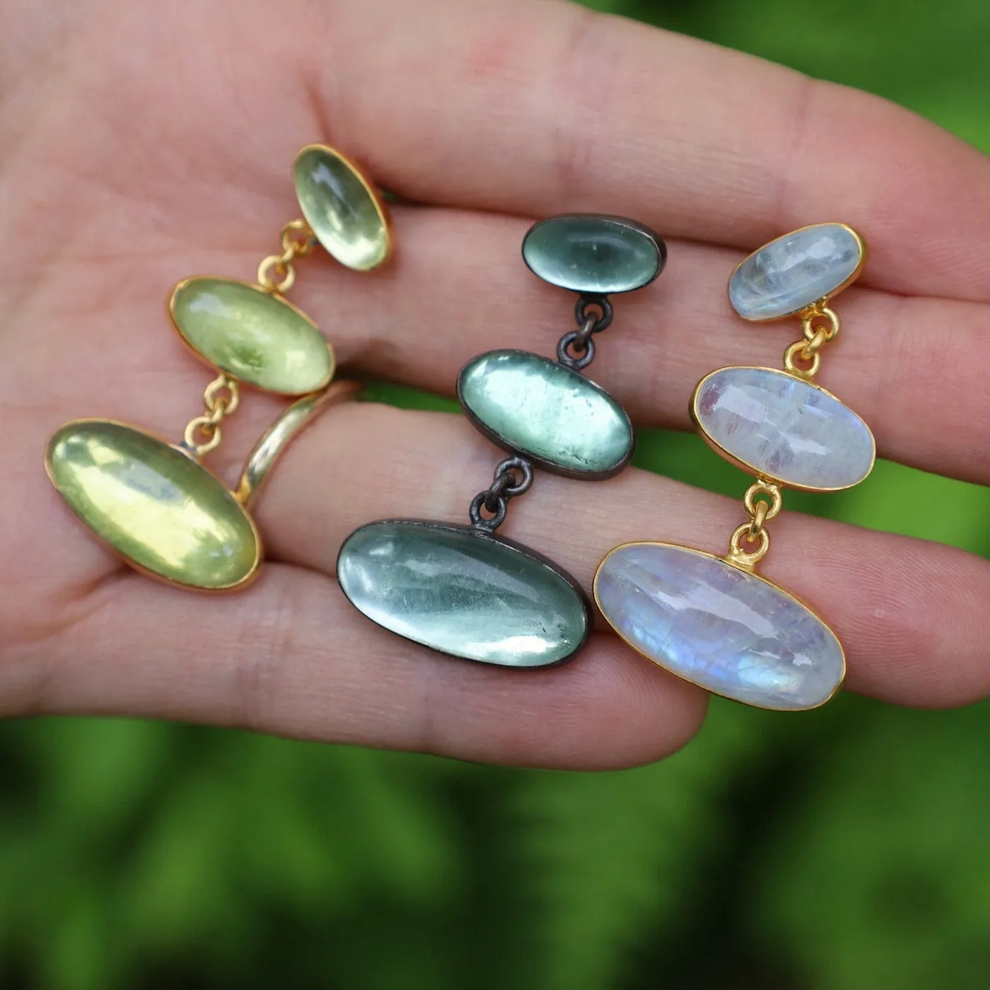 Gold Large Triple Oval Cabochon Rainbow Moonstone Earrings