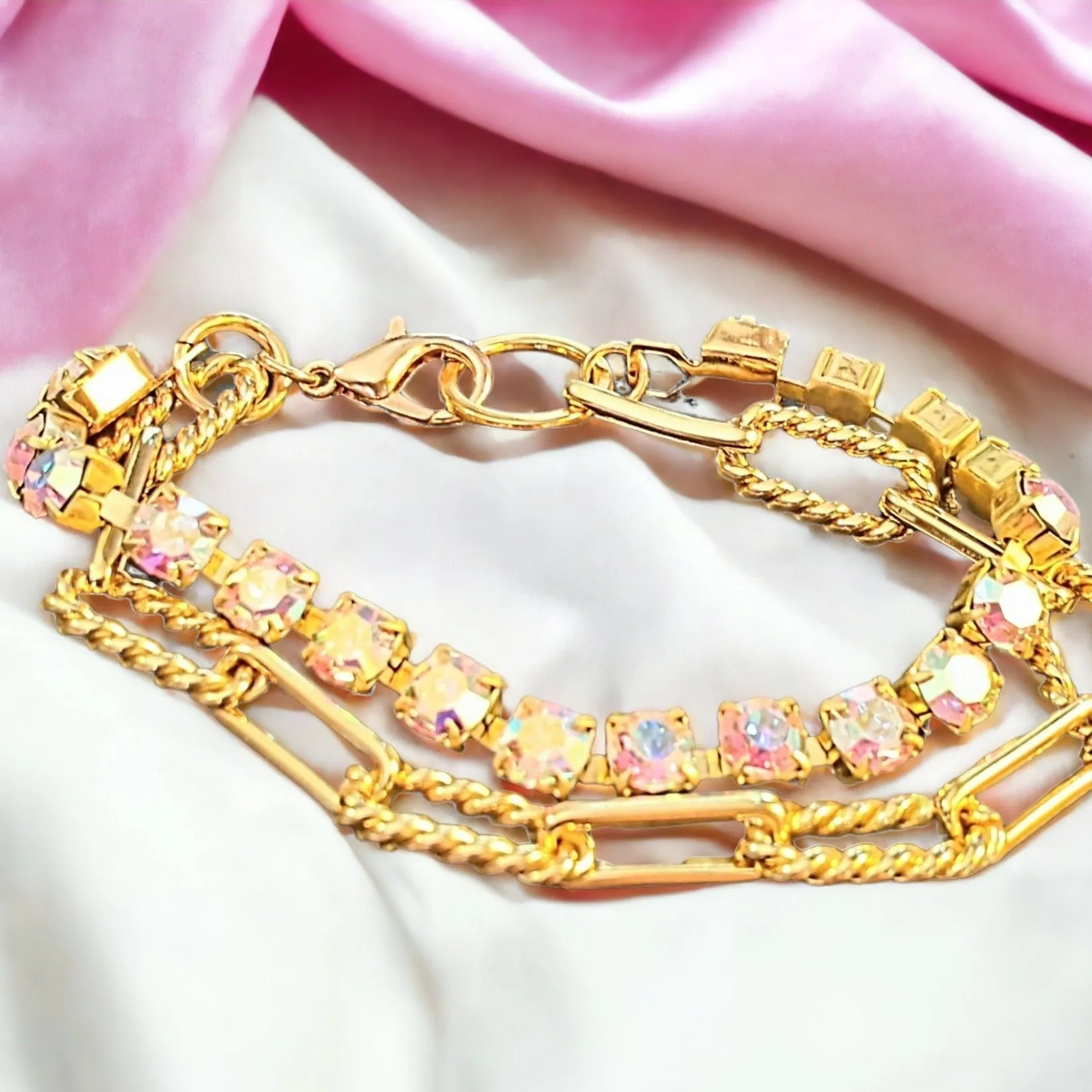Gold Paperclip Layered Faceted Crystal Bracelet