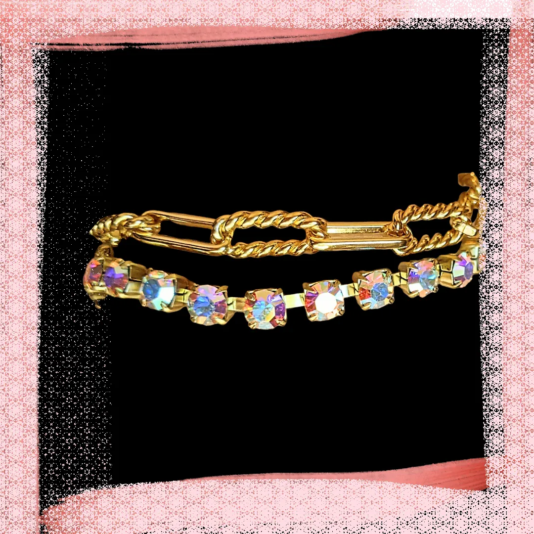 Gold Paperclip Layered Faceted Crystal Bracelet
