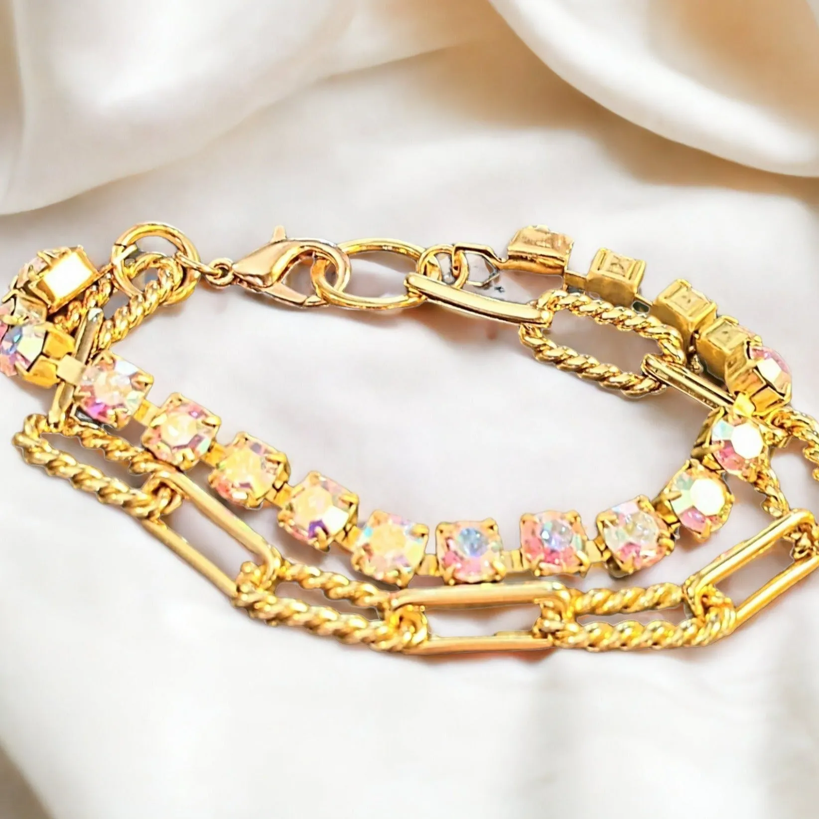 Gold Paperclip Layered Faceted Crystal Bracelet