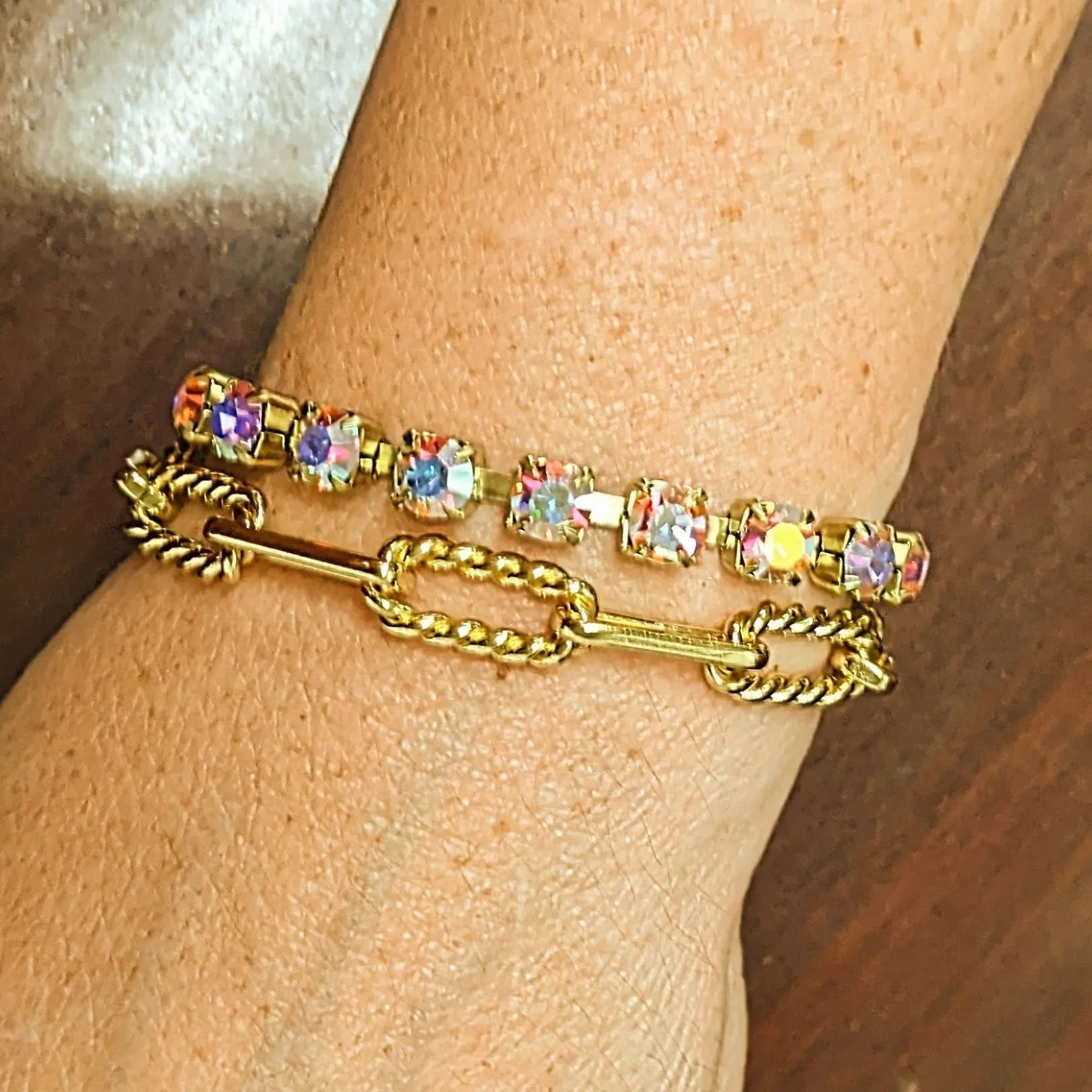 Gold Paperclip Layered Faceted Crystal Bracelet