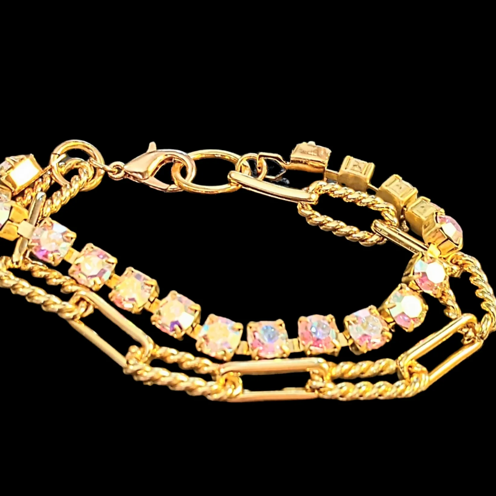 Gold Paperclip Layered Faceted Crystal Bracelet