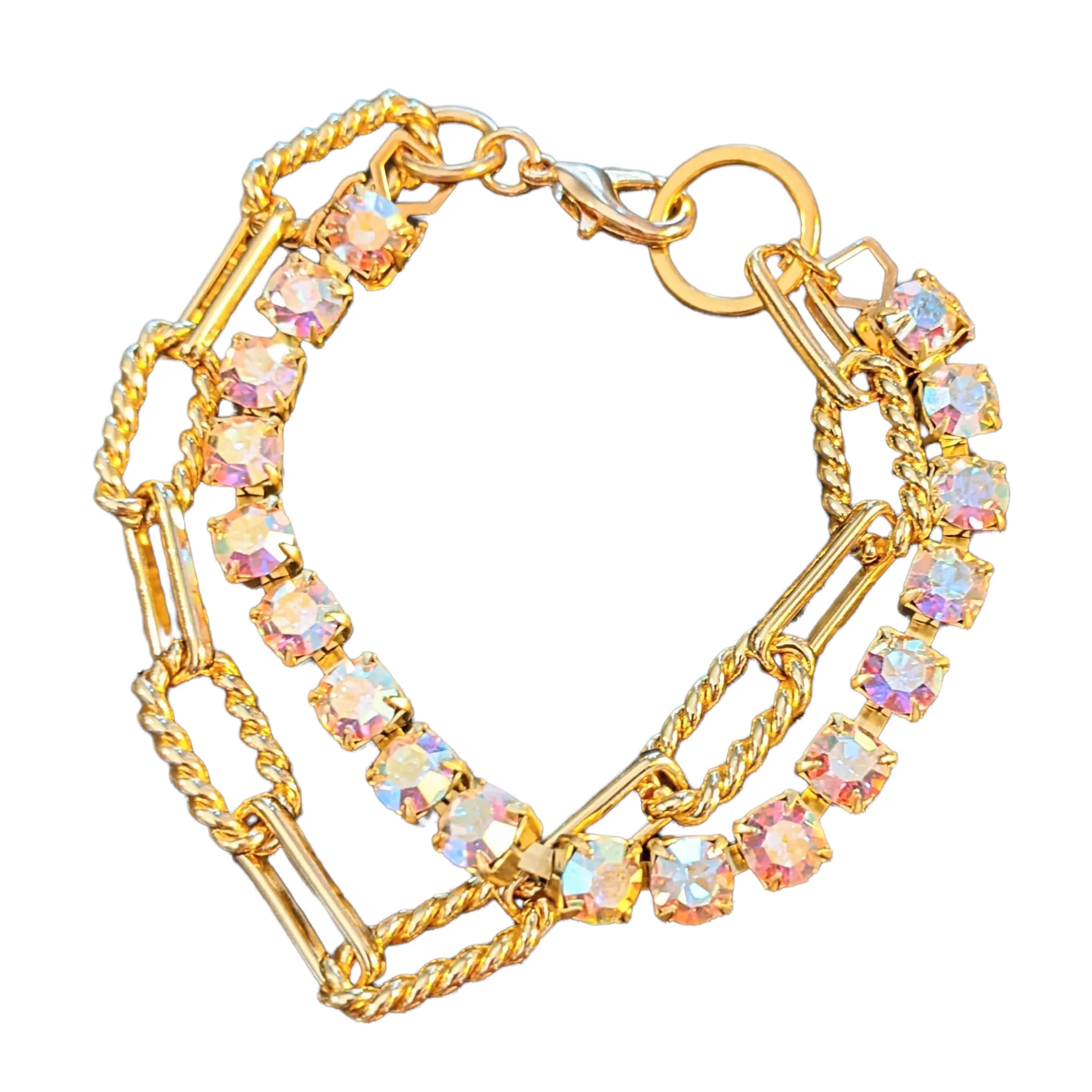 Gold Paperclip Layered Faceted Crystal Bracelet