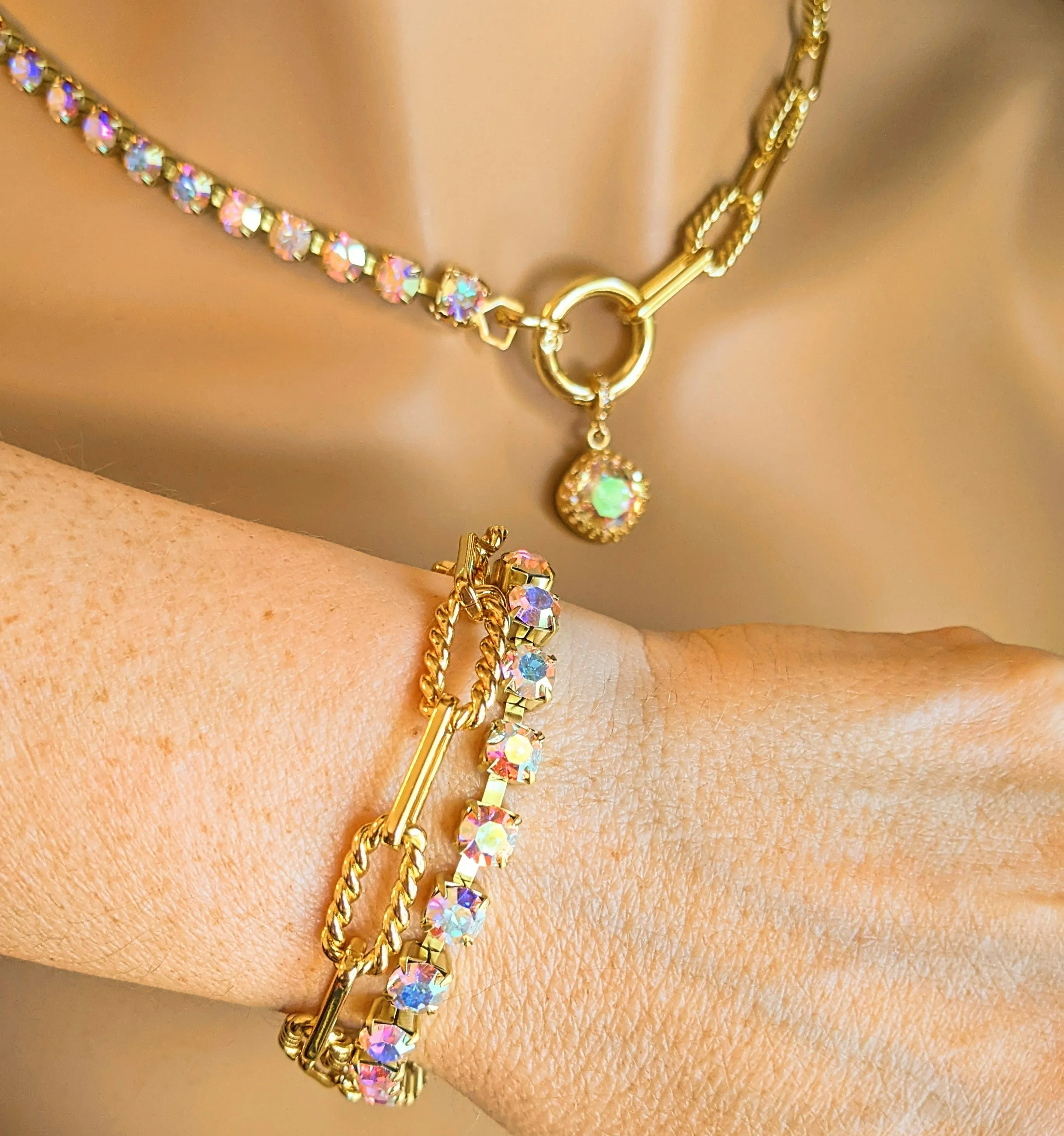 Gold Paperclip Layered Faceted Crystal Bracelet