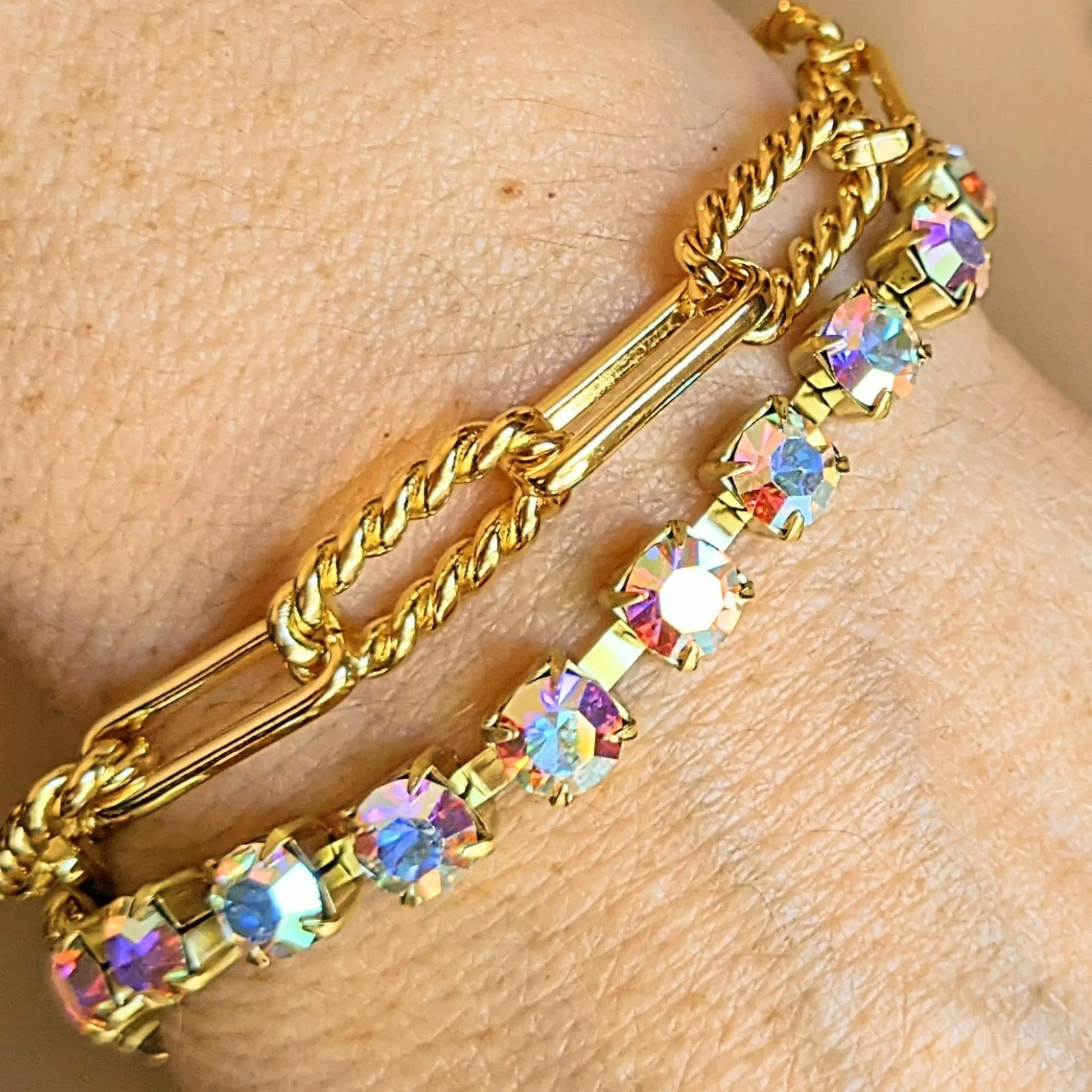 Gold Paperclip Layered Faceted Crystal Bracelet