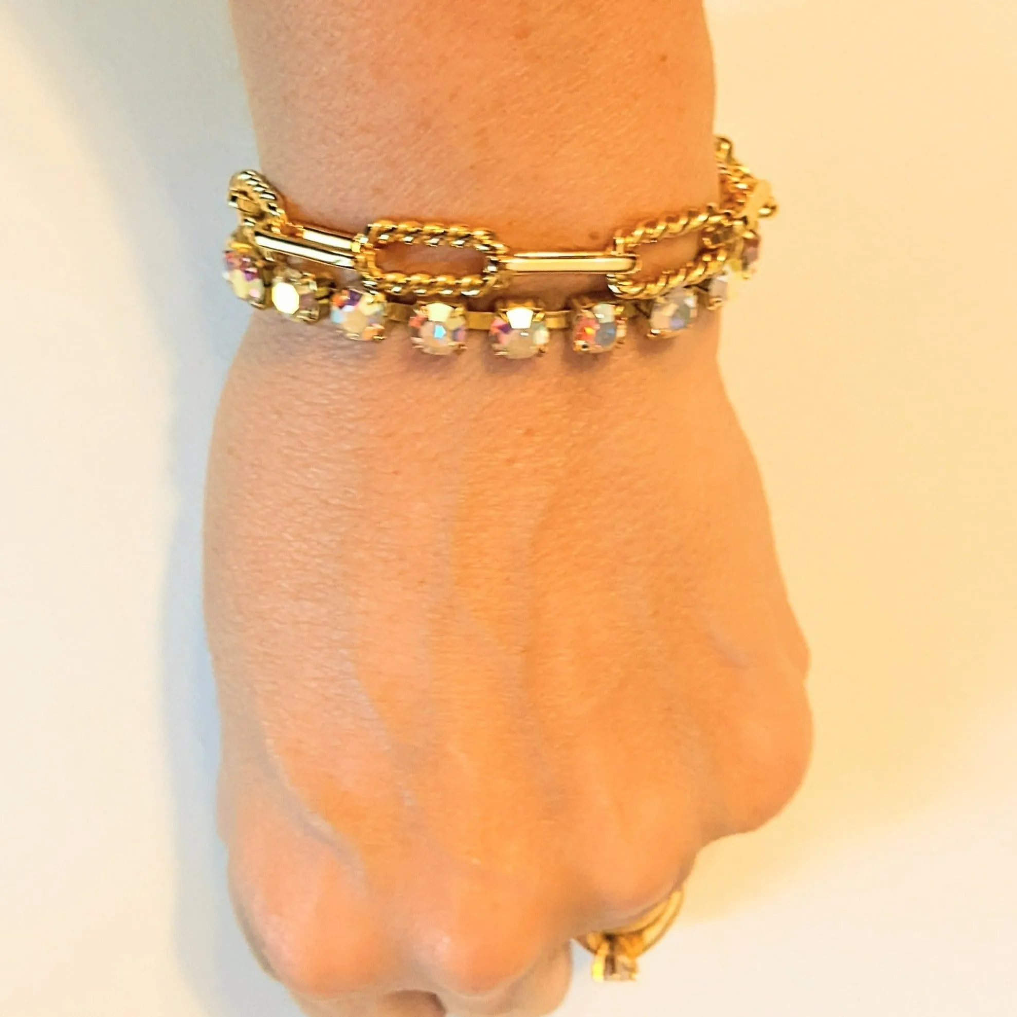 Gold Paperclip Layered Faceted Crystal Bracelet