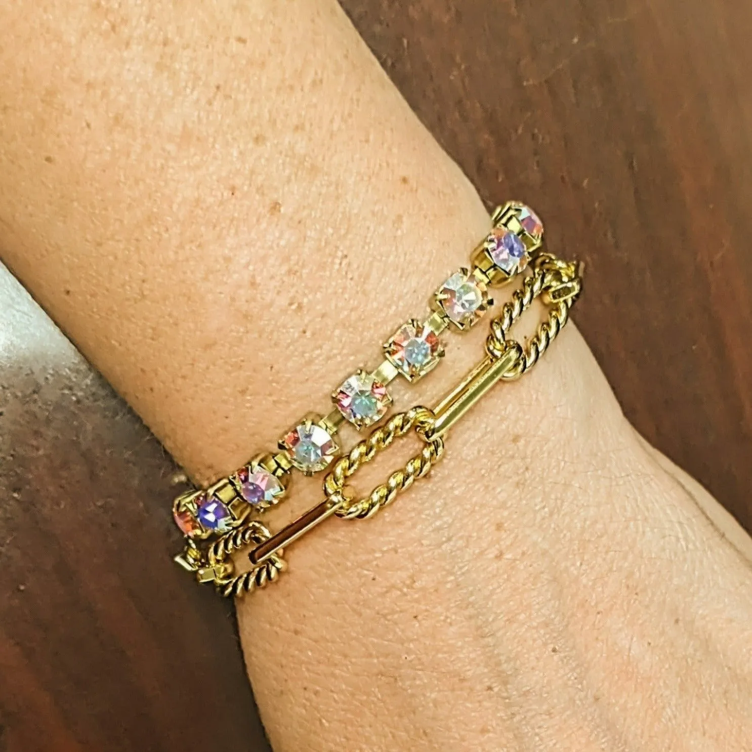 Gold Paperclip Layered Faceted Crystal Bracelet