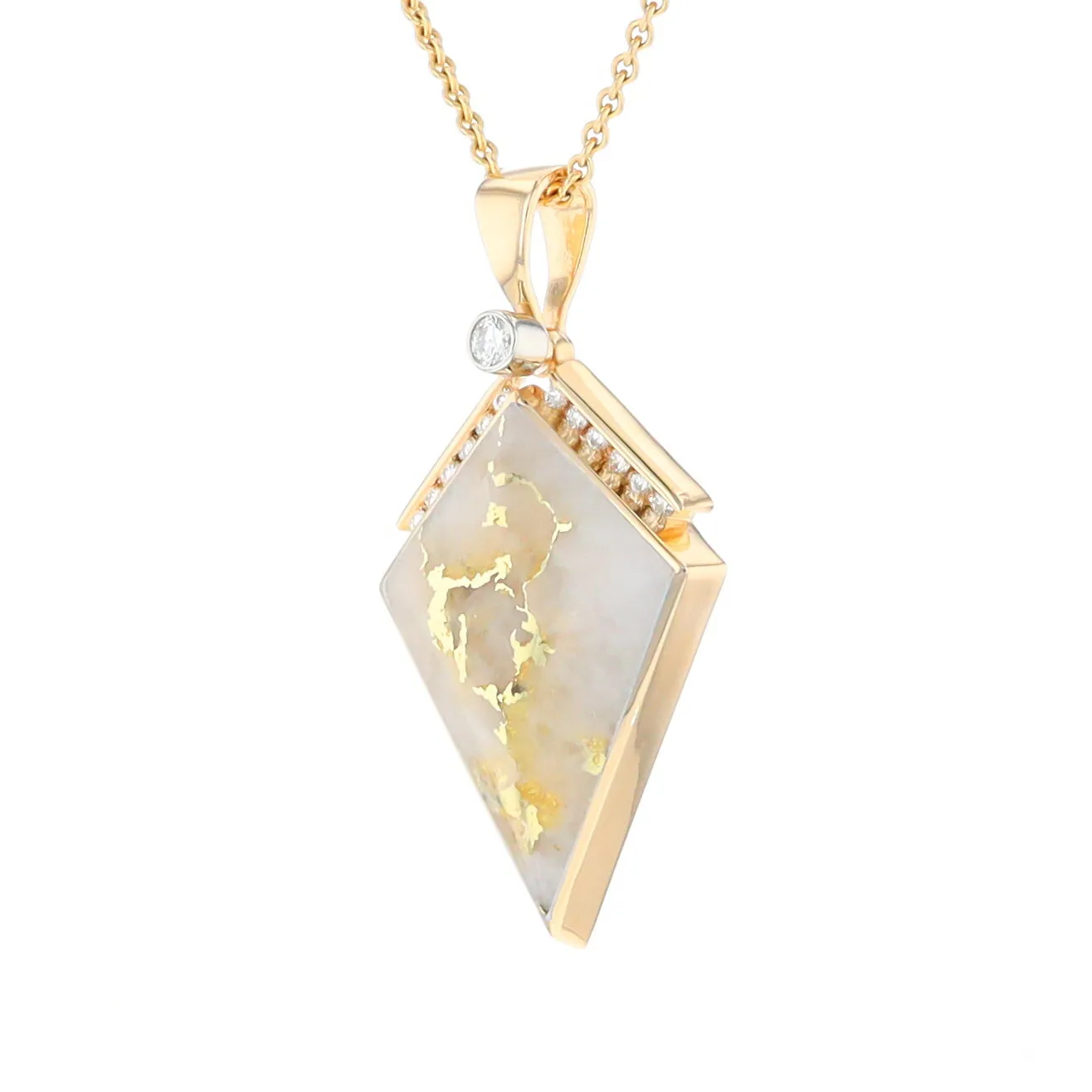 Gold Quartz Necklace Kite Shape Inlaid Pendant with .27ctw Diamonds