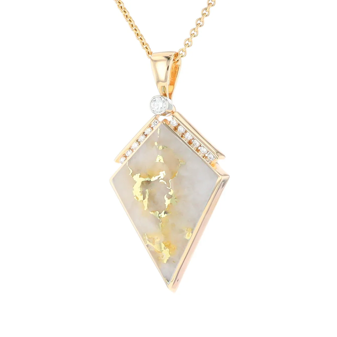Gold Quartz Necklace Kite Shape Inlaid Pendant with .27ctw Diamonds