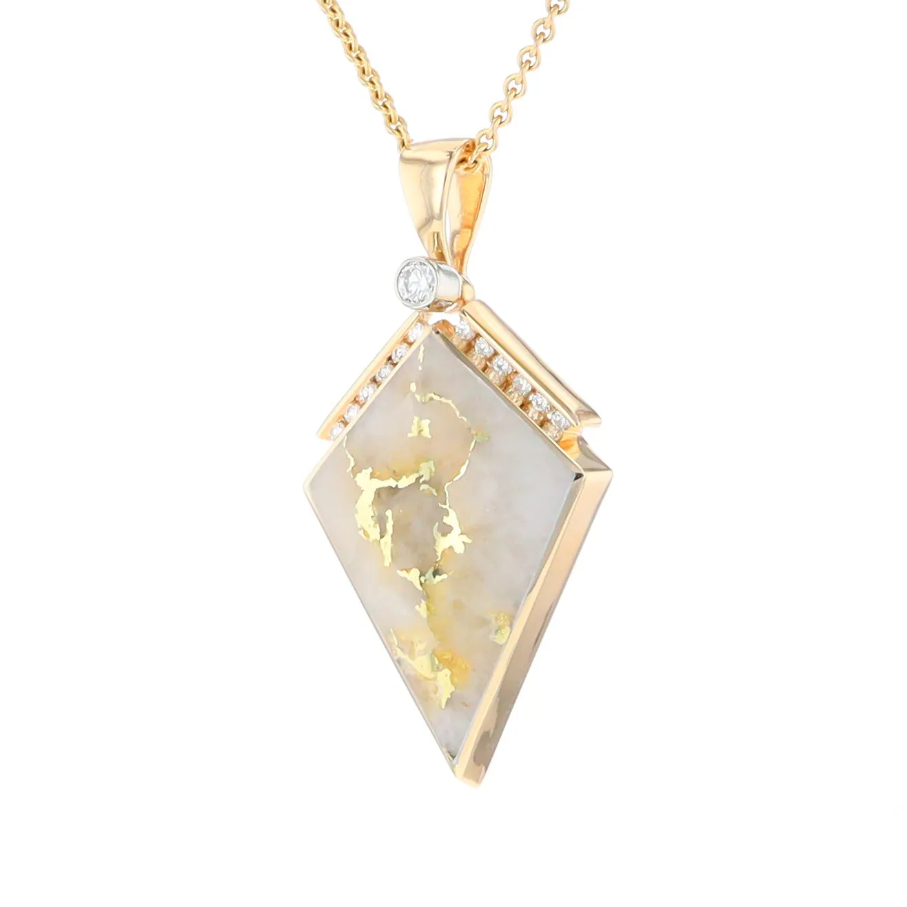 Gold Quartz Necklace Kite Shape Inlaid Pendant with .27ctw Diamonds