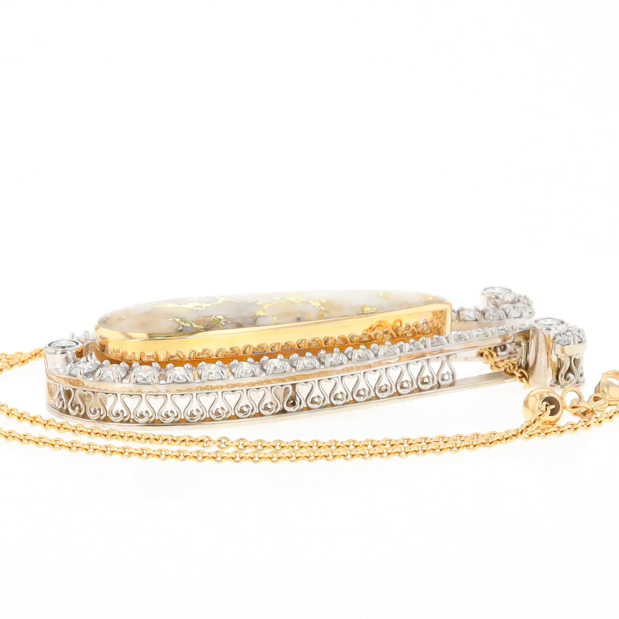 Gold Quartz Necklace Tear Drop Inlaid 4.78ctw Diamond Halo Pendant
