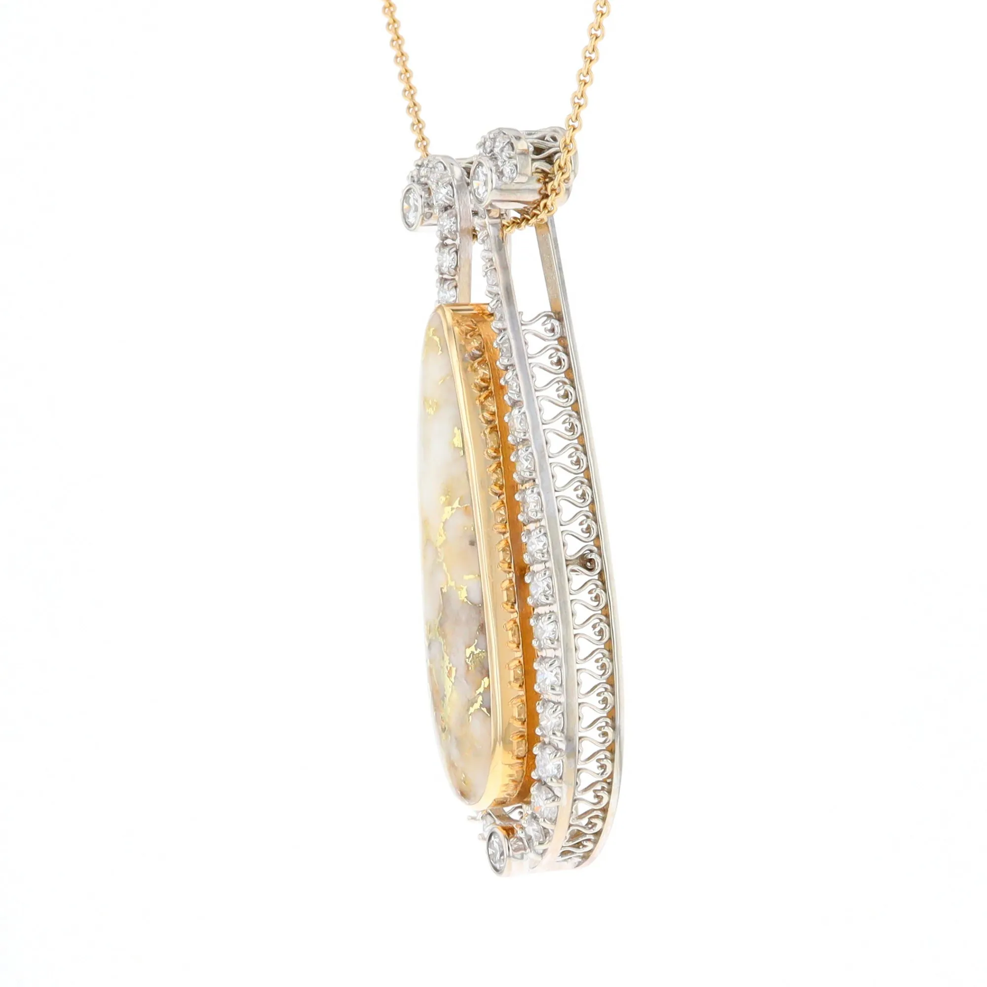 Gold Quartz Necklace Tear Drop Inlaid 4.78ctw Diamond Halo Pendant