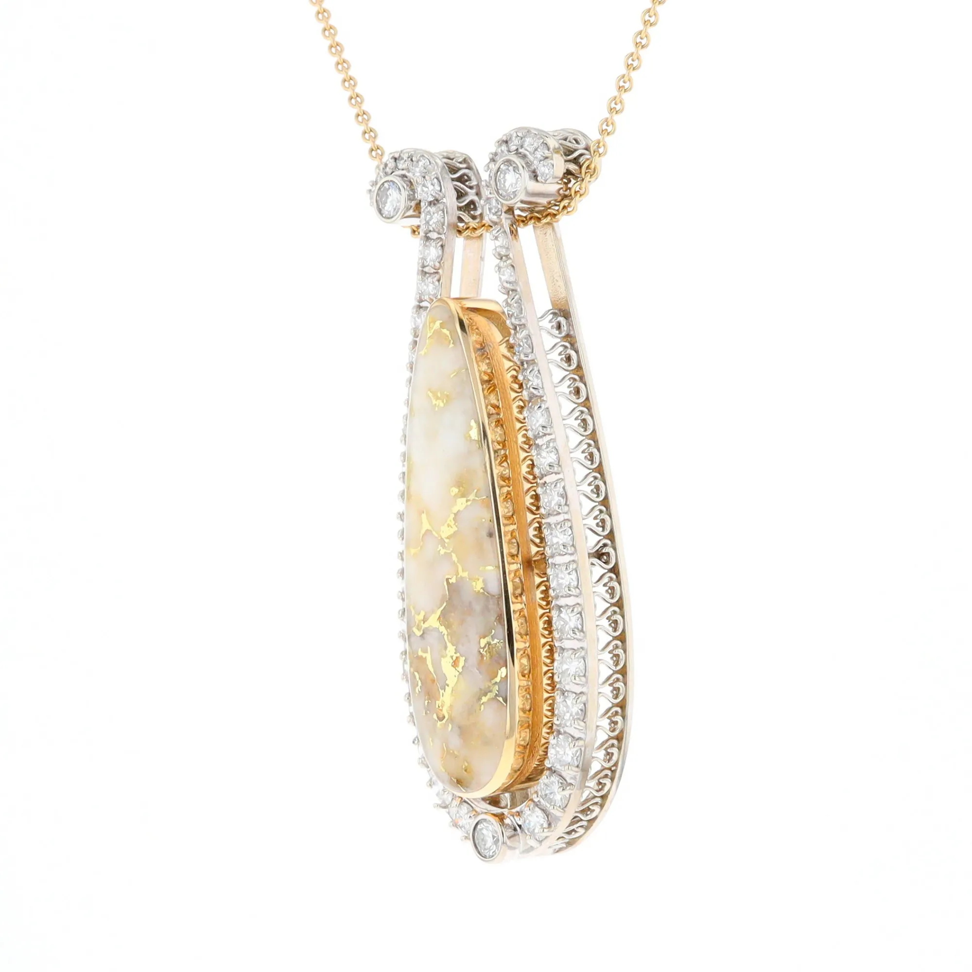 Gold Quartz Necklace Tear Drop Inlaid 4.78ctw Diamond Halo Pendant