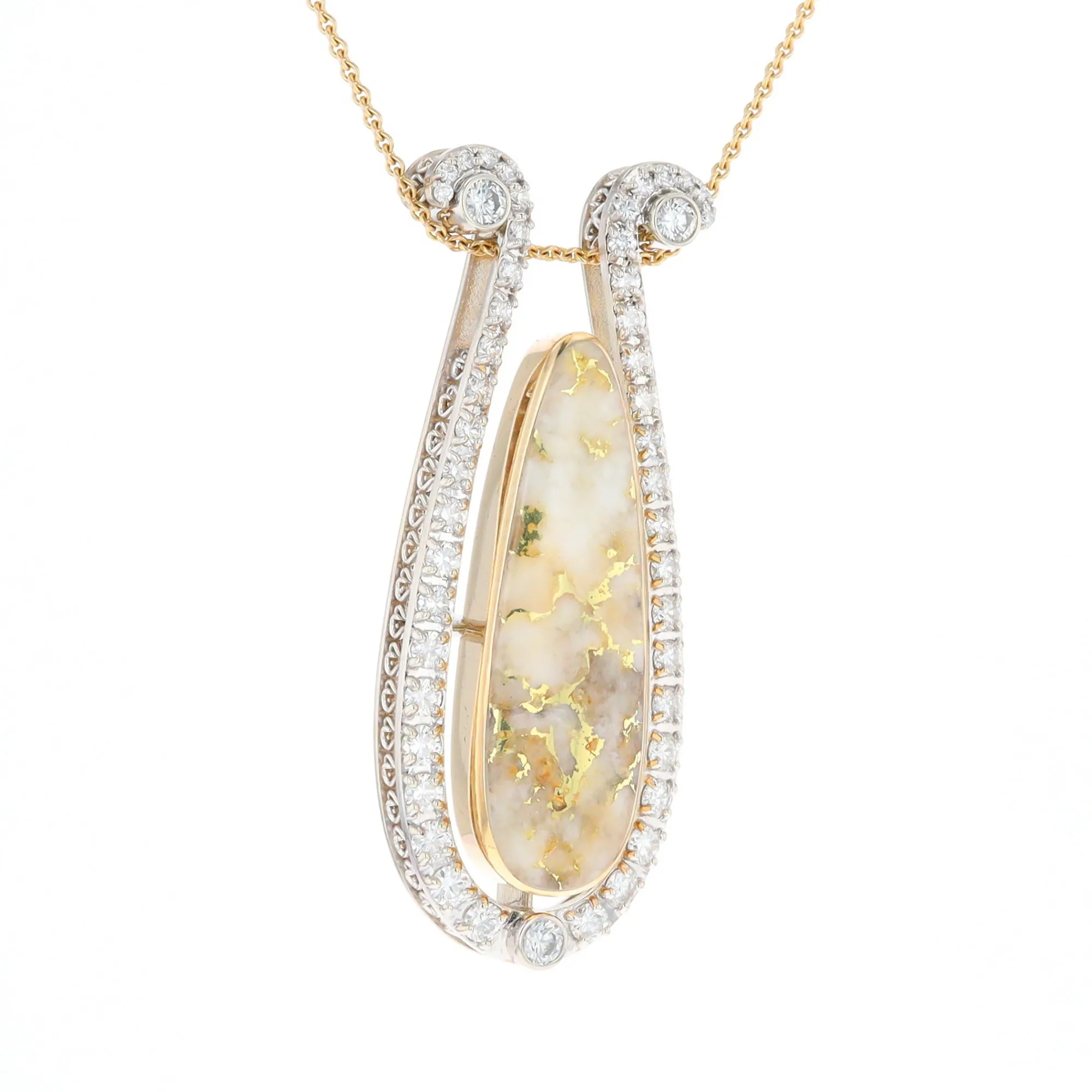 Gold Quartz Necklace Tear Drop Inlaid 4.78ctw Diamond Halo Pendant