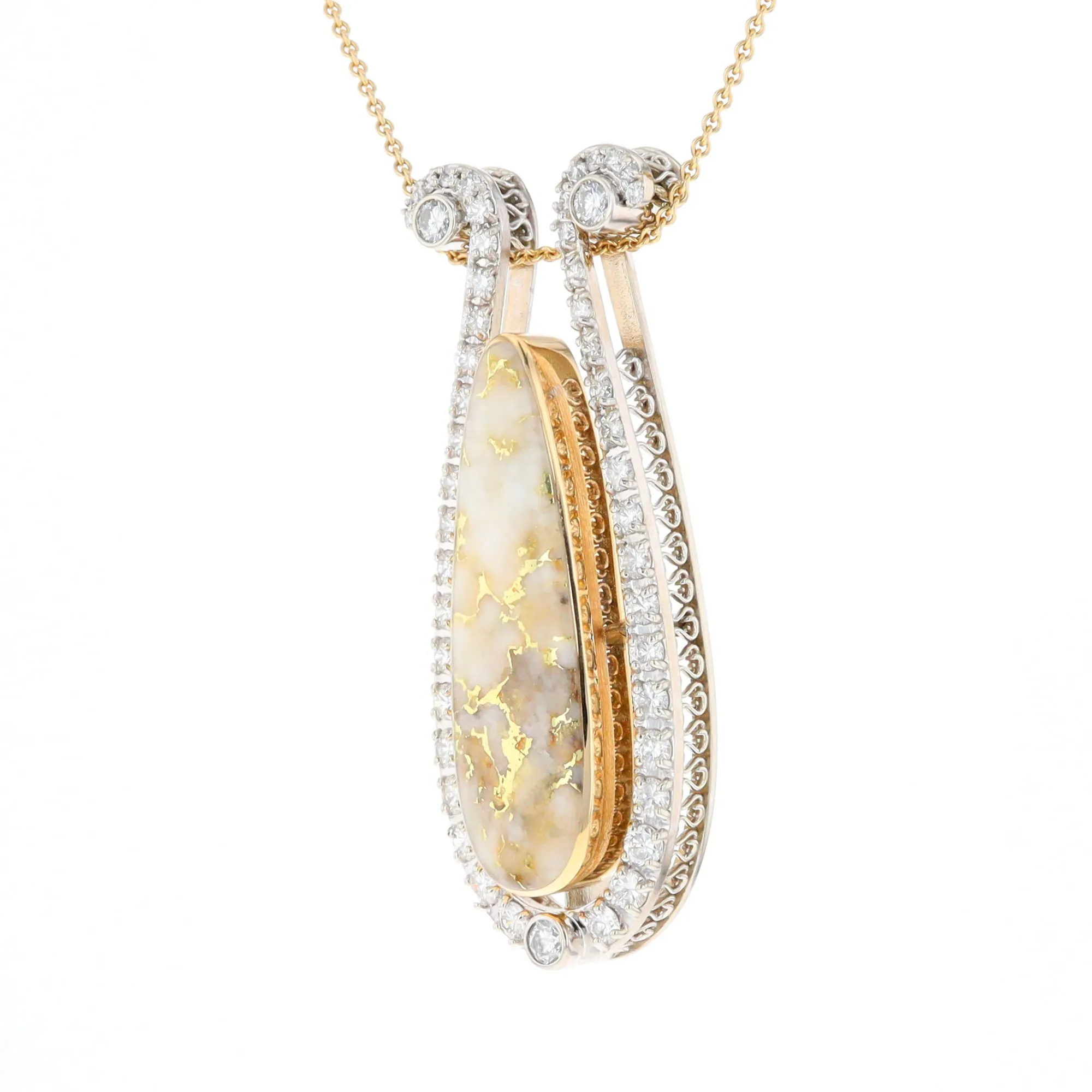 Gold Quartz Necklace Tear Drop Inlaid 4.78ctw Diamond Halo Pendant