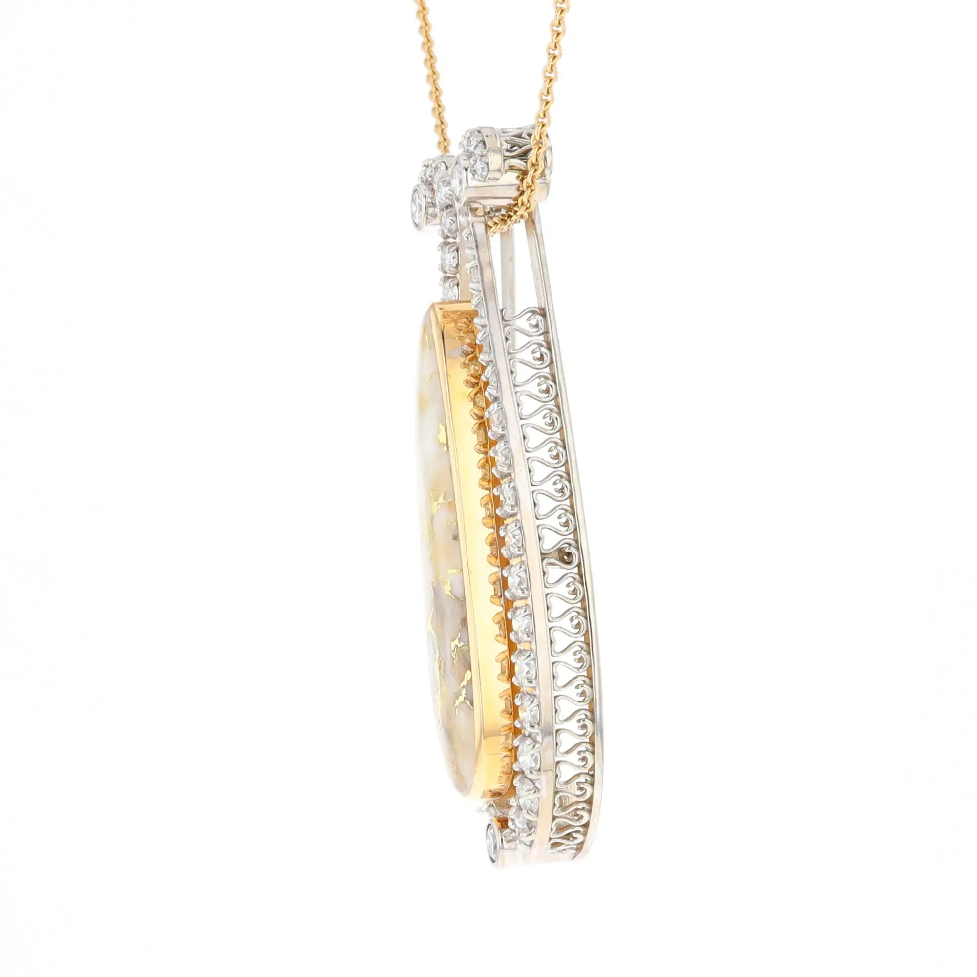 Gold Quartz Necklace Tear Drop Inlaid 4.78ctw Diamond Halo Pendant