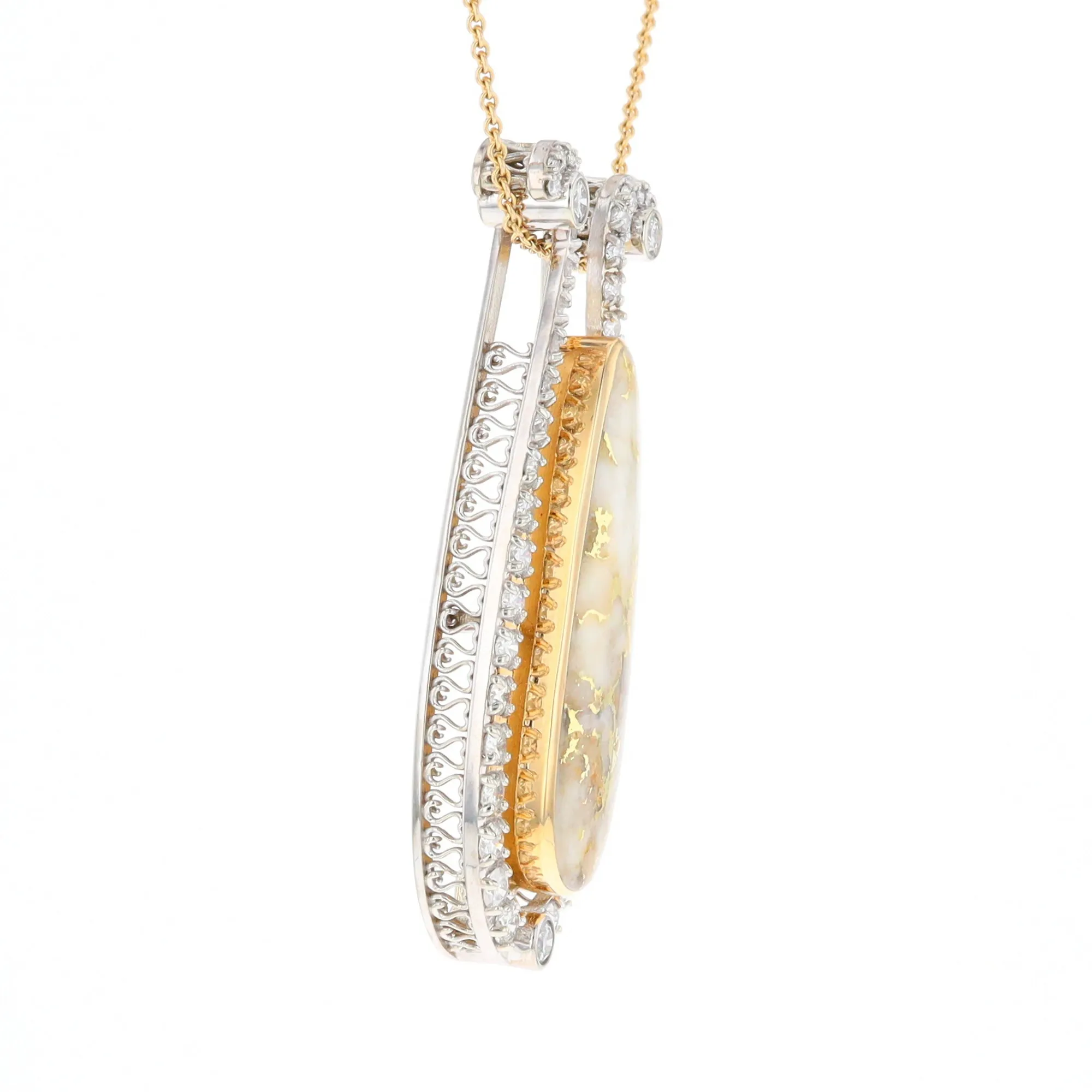 Gold Quartz Necklace Tear Drop Inlaid 4.78ctw Diamond Halo Pendant