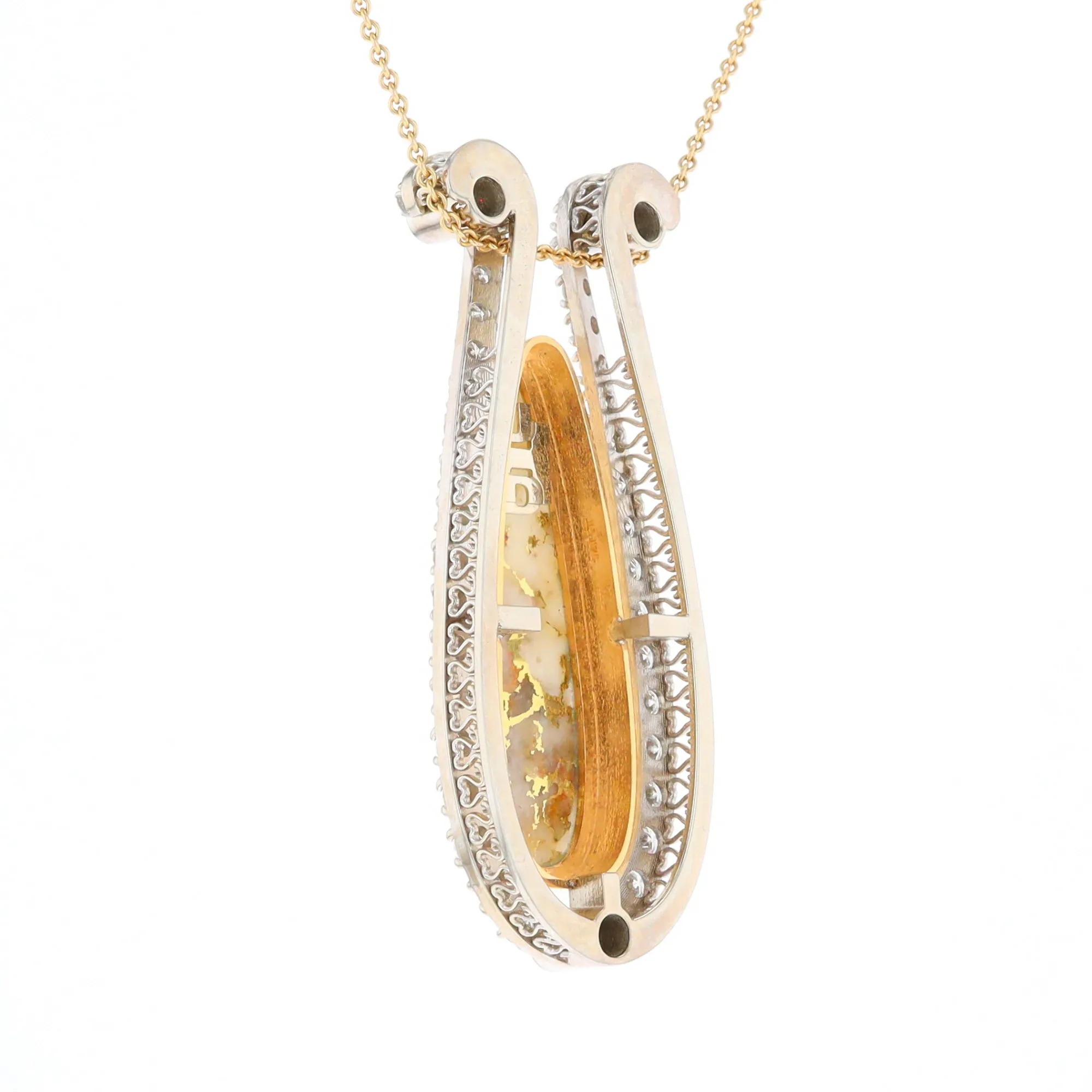 Gold Quartz Necklace Tear Drop Inlaid 4.78ctw Diamond Halo Pendant
