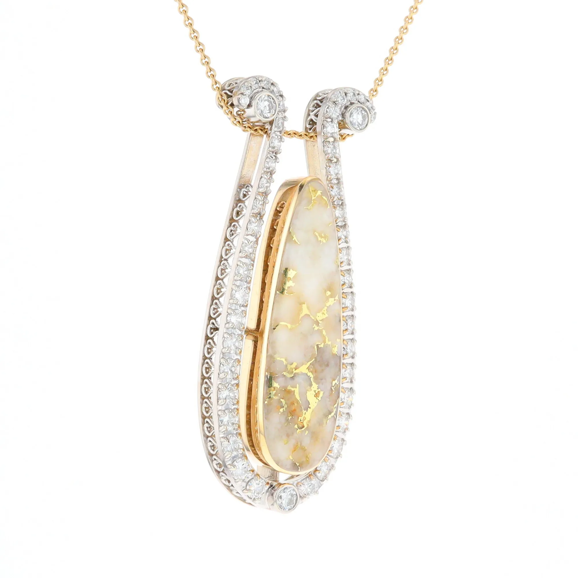 Gold Quartz Necklace Tear Drop Inlaid 4.78ctw Diamond Halo Pendant