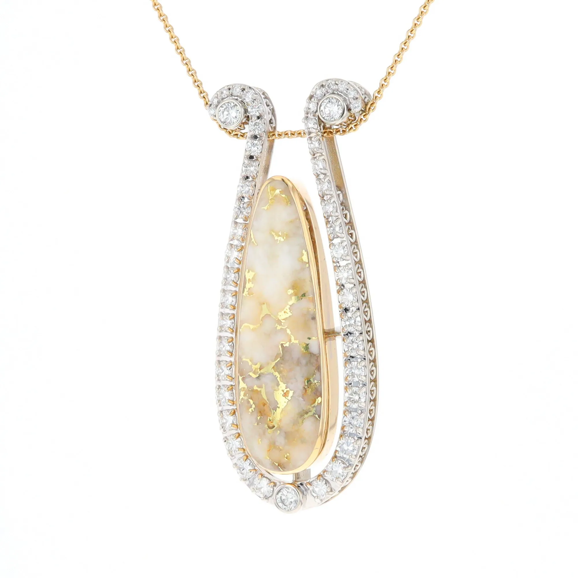 Gold Quartz Necklace Tear Drop Inlaid 4.78ctw Diamond Halo Pendant